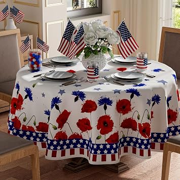 XCHI America Stars Red Blue Flowers Patriotic 4th of July Memorial Day Independence Day Tablecloth Round Washable Table Covers for Home Party Decorations 60x60 Inch