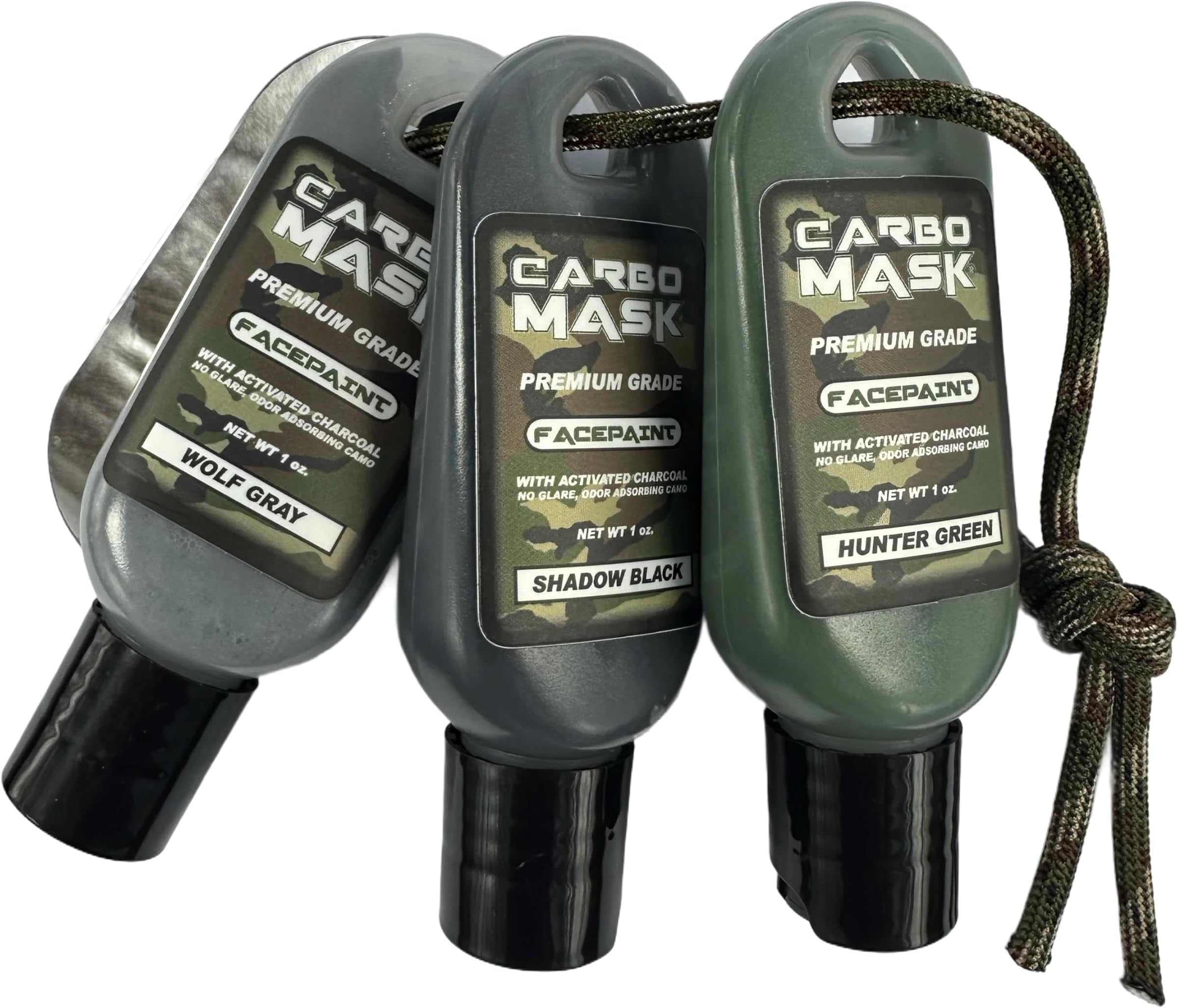 Carbomask 1 oz. Three-Pack Camo Facepaint. No grease. No glare. Easy to remove.