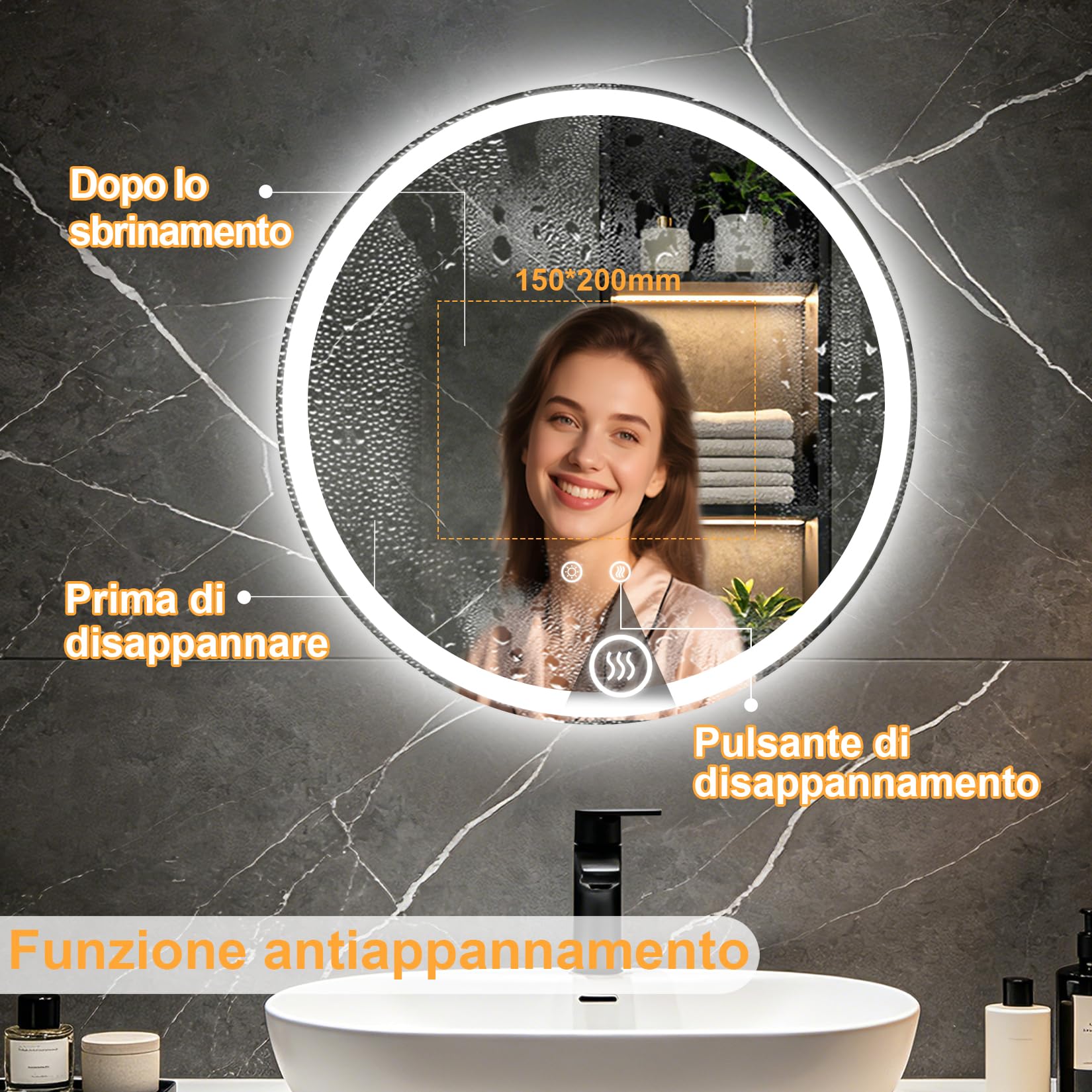 Specchio da bagno rotondo da 49.5 cm con illuminazione a LED | Specchio cosmetico con retroilluminazione, 3 temperature di colore, antiappannamento, luminosità regolabile, IP56