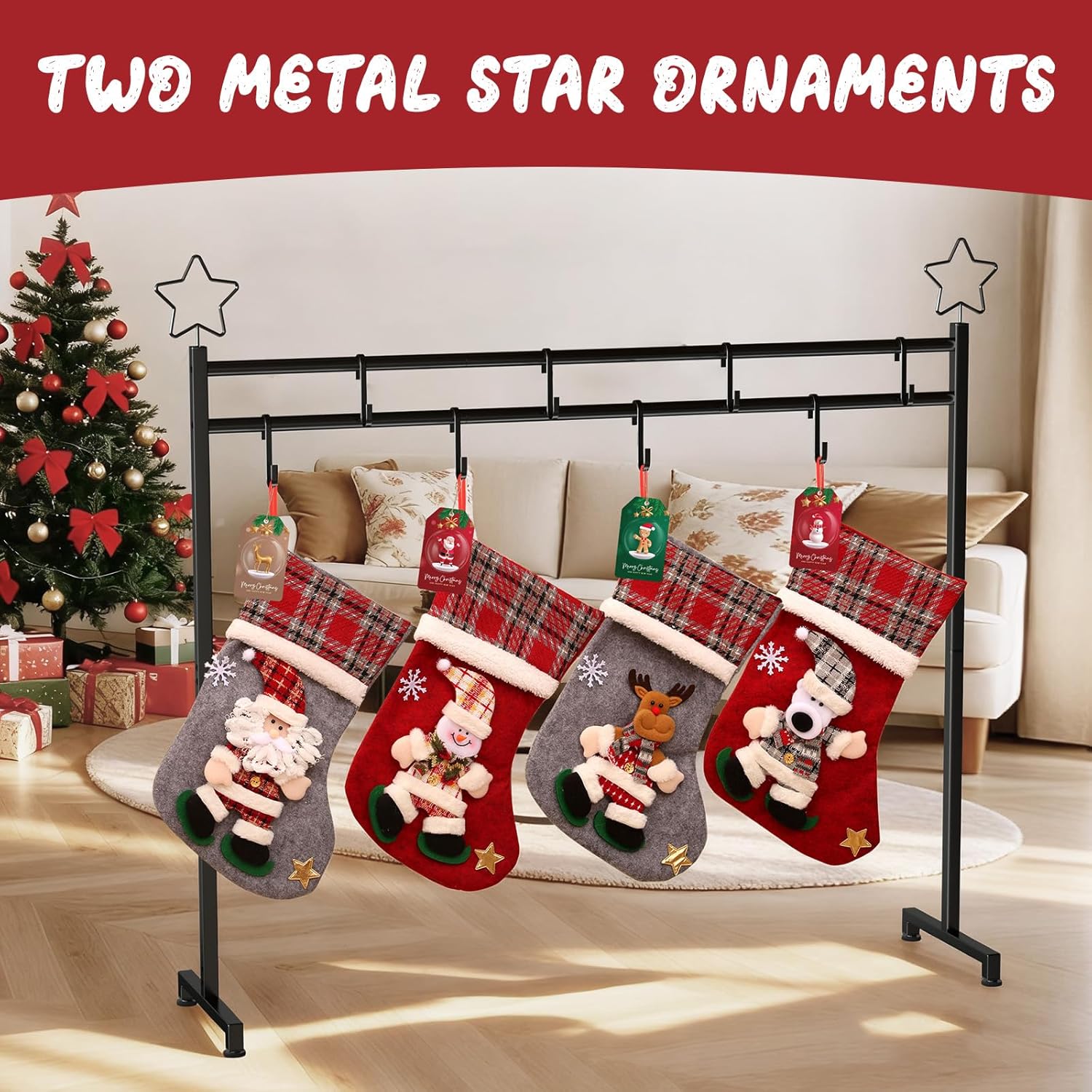 3.5Ft Christmas Stocking Holder, Freestanding Stocking Holder Stand- Included 4 Xmas Socks, 8 Hooks & 6 Holiday Cards, 25 LBS Max Load Capacity Metal Holiday Decor Hanger Display for Home, Living Room