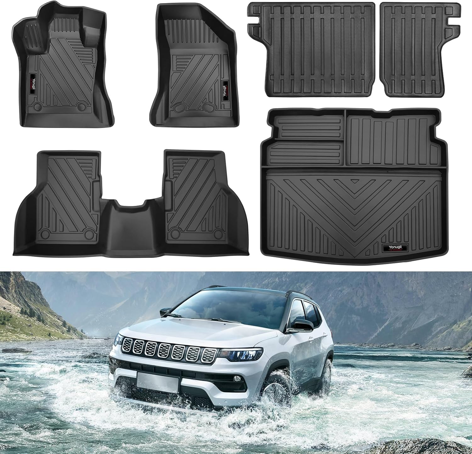 Floor Mats & Cargo Liners & Backrest Mats Set for Jeep Compass 2017-2024 2025 Accessories All Weather TPE Rubber Mat (Floor Mats+Cargo Liner+Backrest Mats)