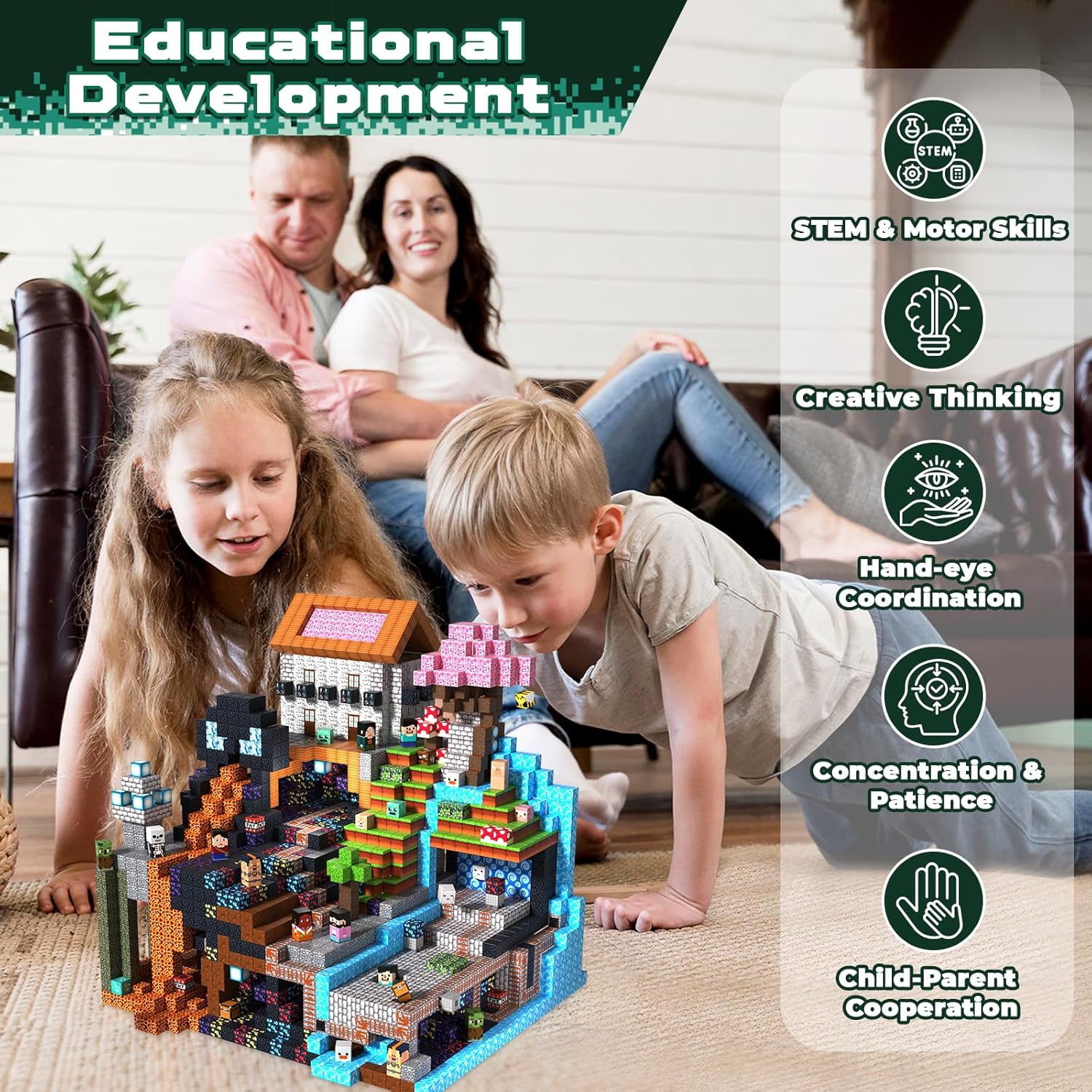 300PCS Magnetic Blocks - Magnet Building Blocks, Stacking Magents Cubes Toys Adventure Set Theme, STEM Montessori Sensory Toys for Kids Boys and Girls Ages 3 4 5 6 7 8 9 10 Easter Birthday Gifts