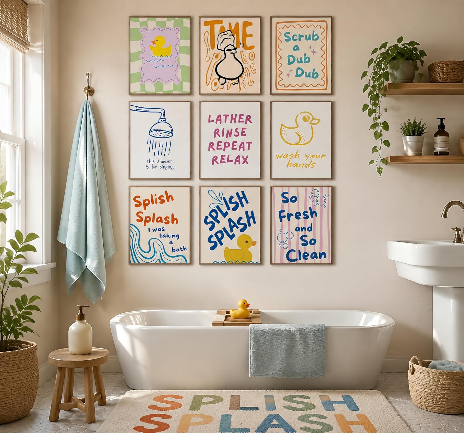 JBZDD 9 Pcs Funny Kids Bathroom Wall Art Prints, Retro Preppy Rubber Duck Canvas Poster Wall Decor, Colorful Whimsical Duck Decorations for Kids Nursery Toddler Washroom Toilet, 8x10 Inch Unframed