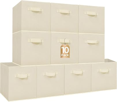 STORAGE MANIAC Storage Cubes, 11 Inch Collapsible Storage Bins with Handles, 10 Pack Fabric Foldable Bins for Organization, Durable Storage Bins for Closet, Shelves, Offices, 10-Pack Beige