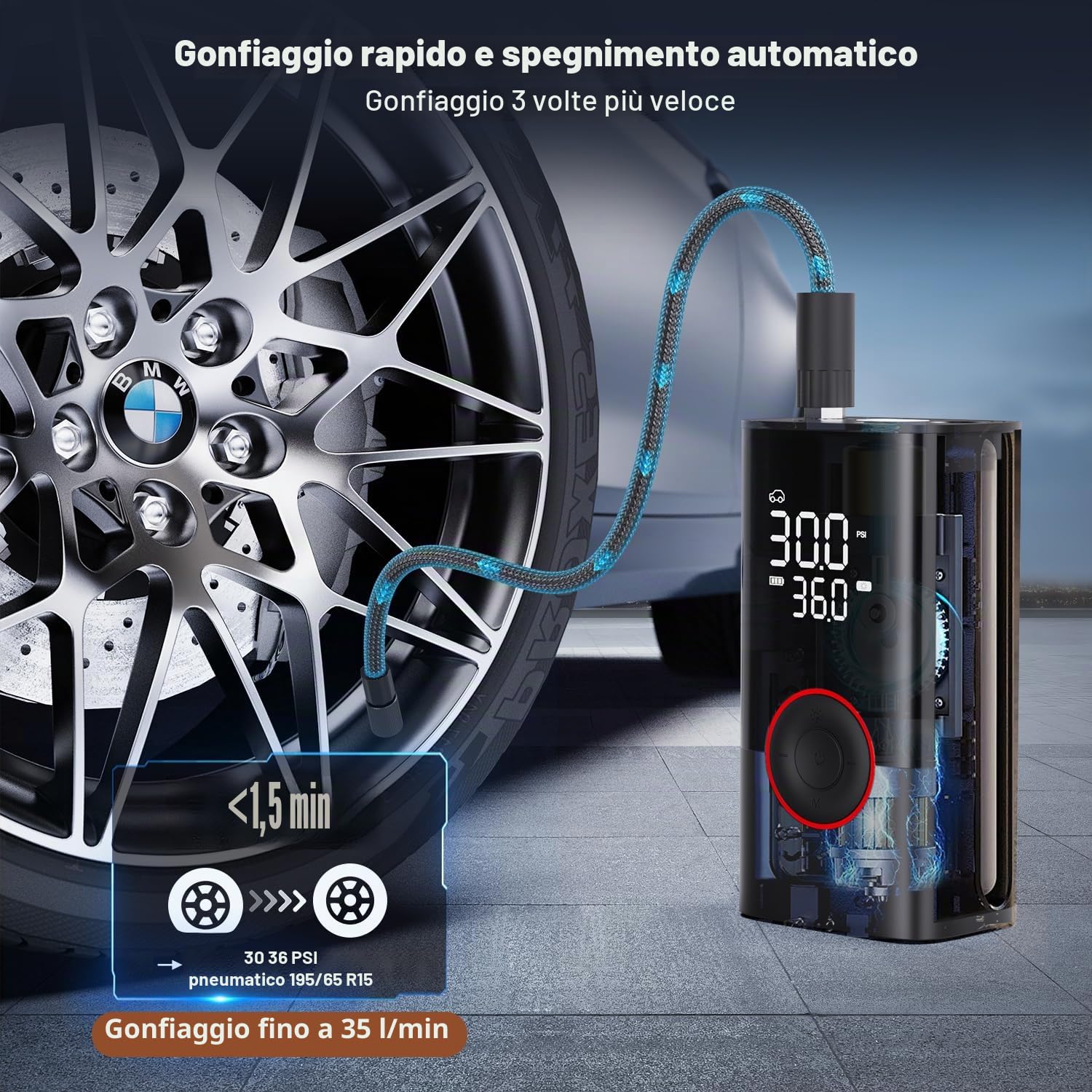 Compressore Aria Portatile Auto – Mini Gonfiatore Pompa ad Aria Senza Fili con manometro Digitale e Luce LED, 150 PSI, gonfiaggio 3 Volte più Veloce e spegnimento Automatico