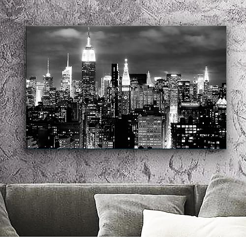 Miniatura 3 de 1 Panel of 20x30 inches Canvas Prints Wall Art Pictures Framed New York NYC City black & White night Skyline Cityscape Home Decor Living Room