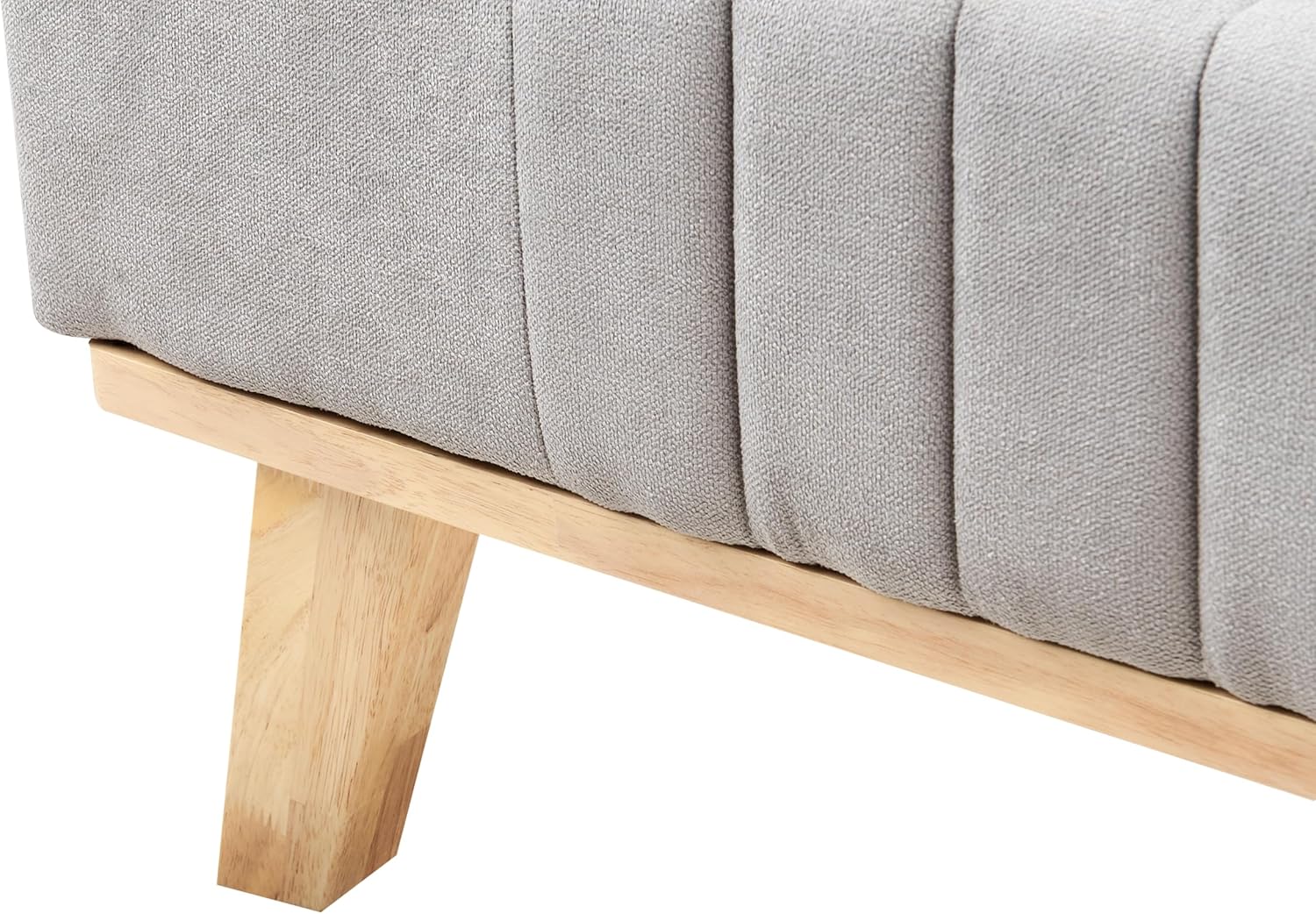 Close-up of the rubberwood leg and chenille upholstered frame