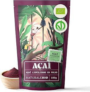 NaturaleBio Bayas de Acai Orgánico en Polvo - Freeze-Dried - 100g. Pure Acaí Berry Powder Extracto crudo de la pulpa de la baya de açaí liofilizado. Bio cultivado en Brasil. Superalimento Ecológico.