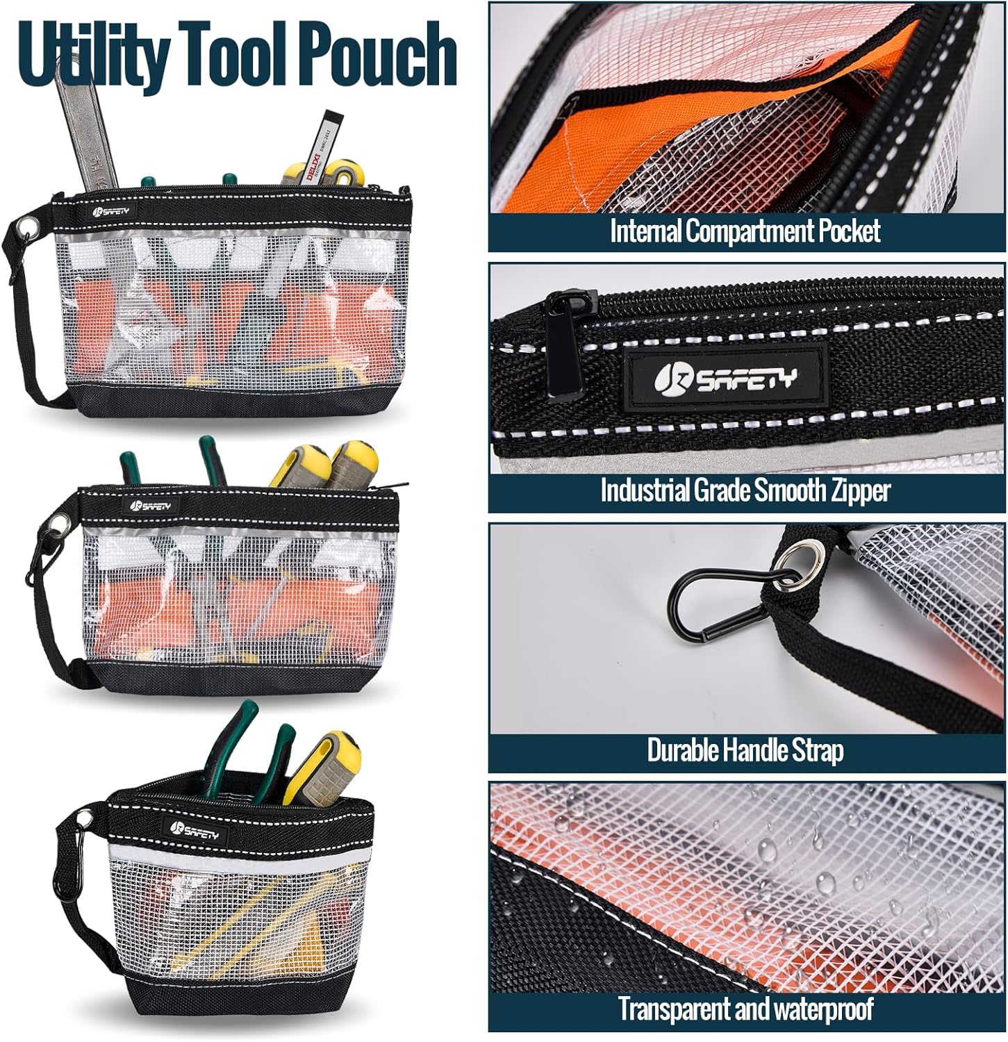 JkSafety 3 Pack Waterproof Clear Small Zipper Tool Pouch Bags with Carabiner and Handle Strap