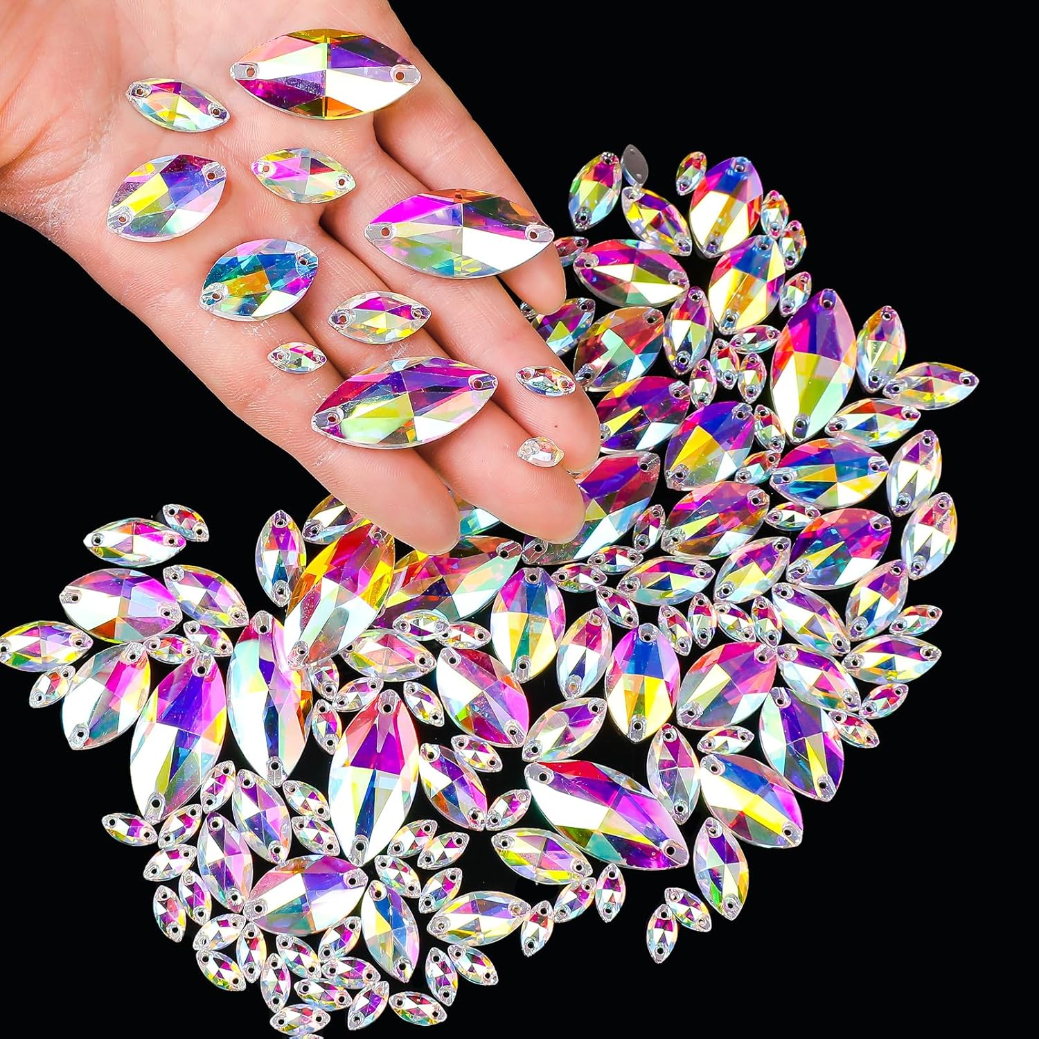 SWTHONY 84pcs 5 x 10mm AB Horse Eye Shaped Sew On Rhinestones for Crafting, Crystal Glass Gems Silver Plated Flatback Jewels with 2 Holes for Crafts Clothes Fabric - Image 5