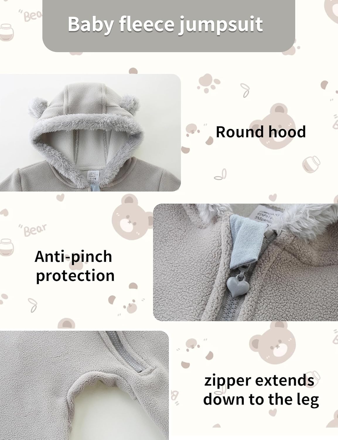 Baby Jumpsuit with Cute Bear Hoodie Warm Fleece Lined Newborn Snowsuit Rompers for Fall Winter 0-18 Month - Image 5