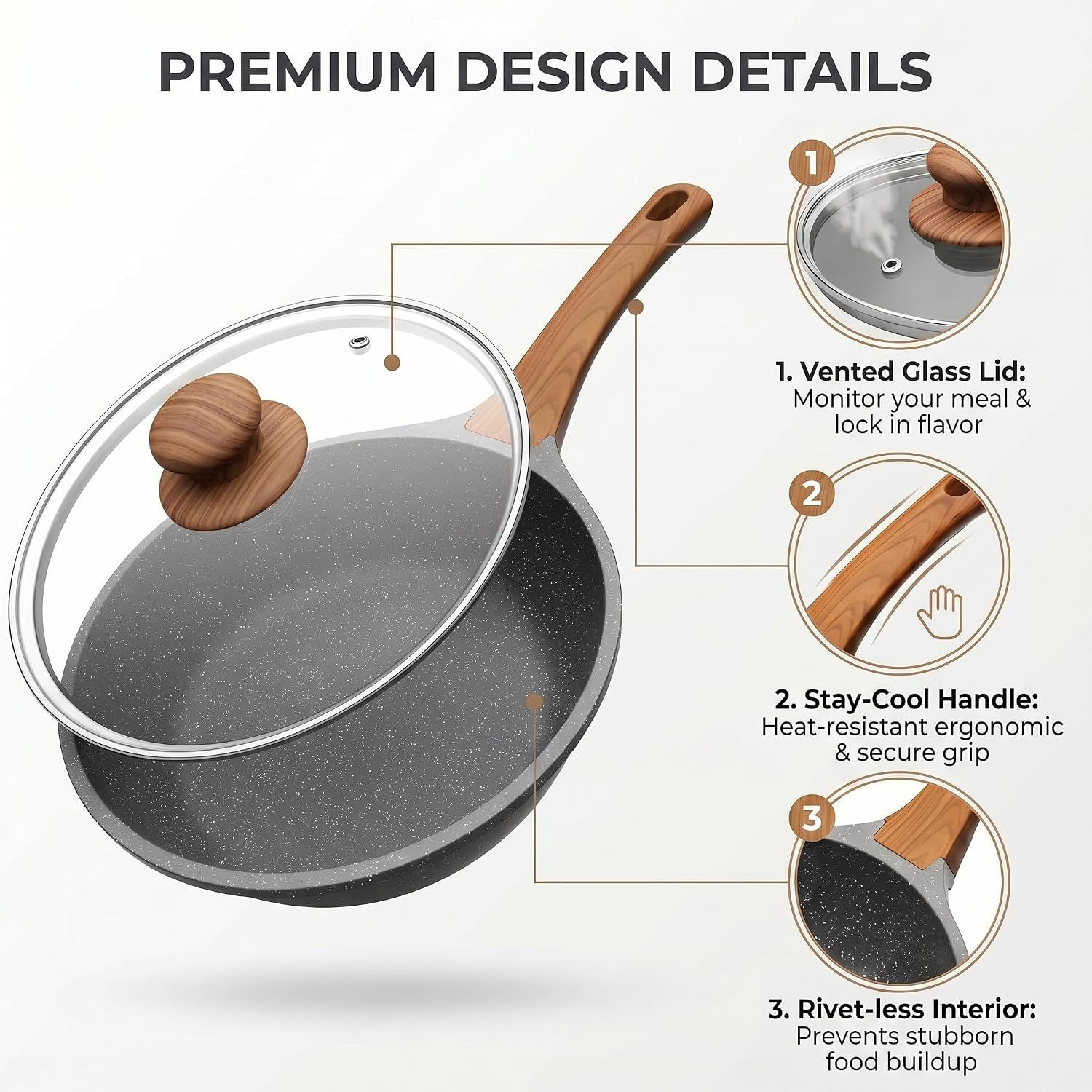 YASHE 11 Inch Nonstick Saute Pan with Glass Lid, 4.5 QT Large Deep Skillet & Frying Pan, Healthy Granite Stone Cookware for Family, One Pan Replaces Five, Induction Compatible, PFOA Free