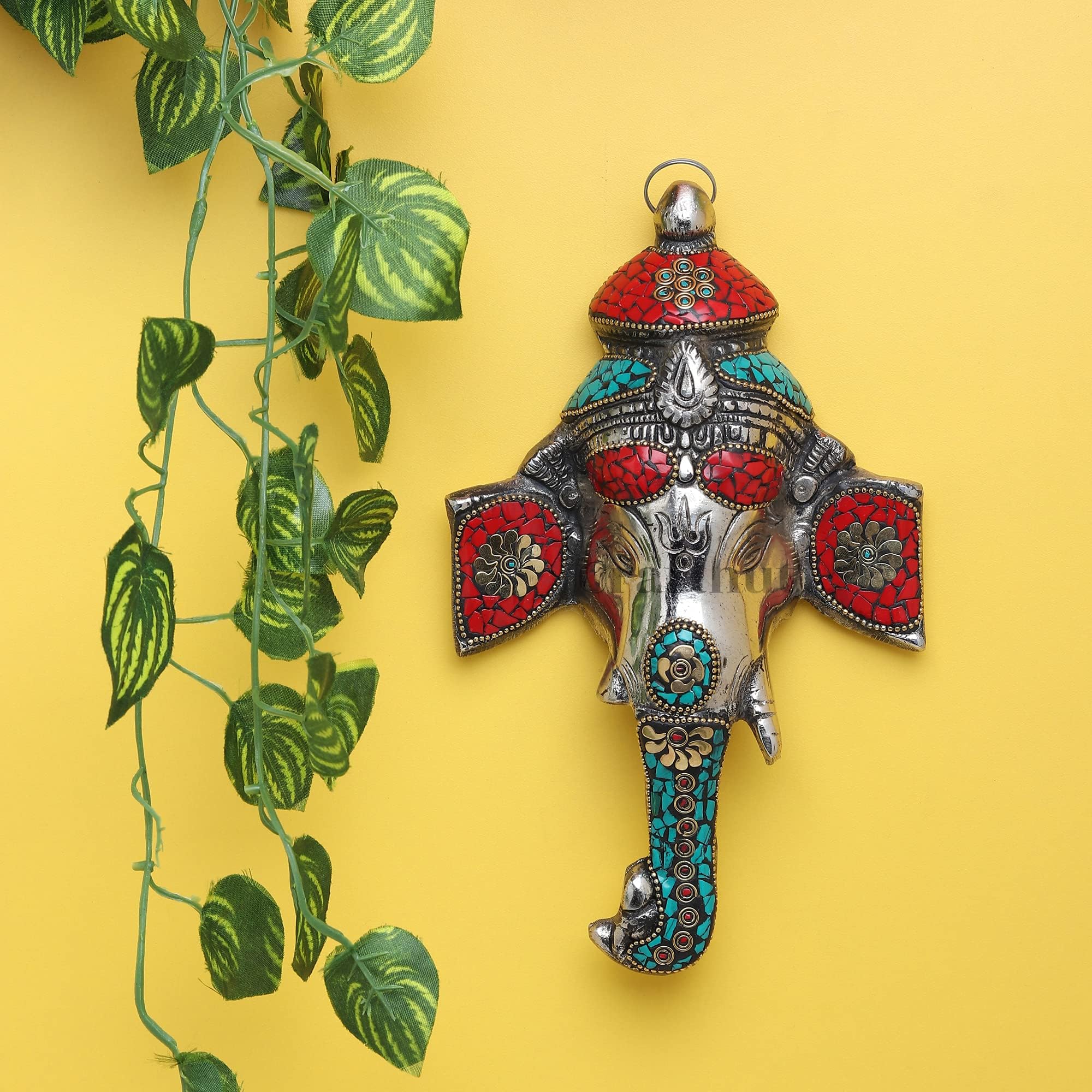 CRAFTHUT Metal Multicolor Lord Ganesh Face Wall Hanging Sculpture - Antique Decorative Religious Showpiece for Entrance Door & Living Room Home Decor - 13.5x3.81x22Cm, 224Gm