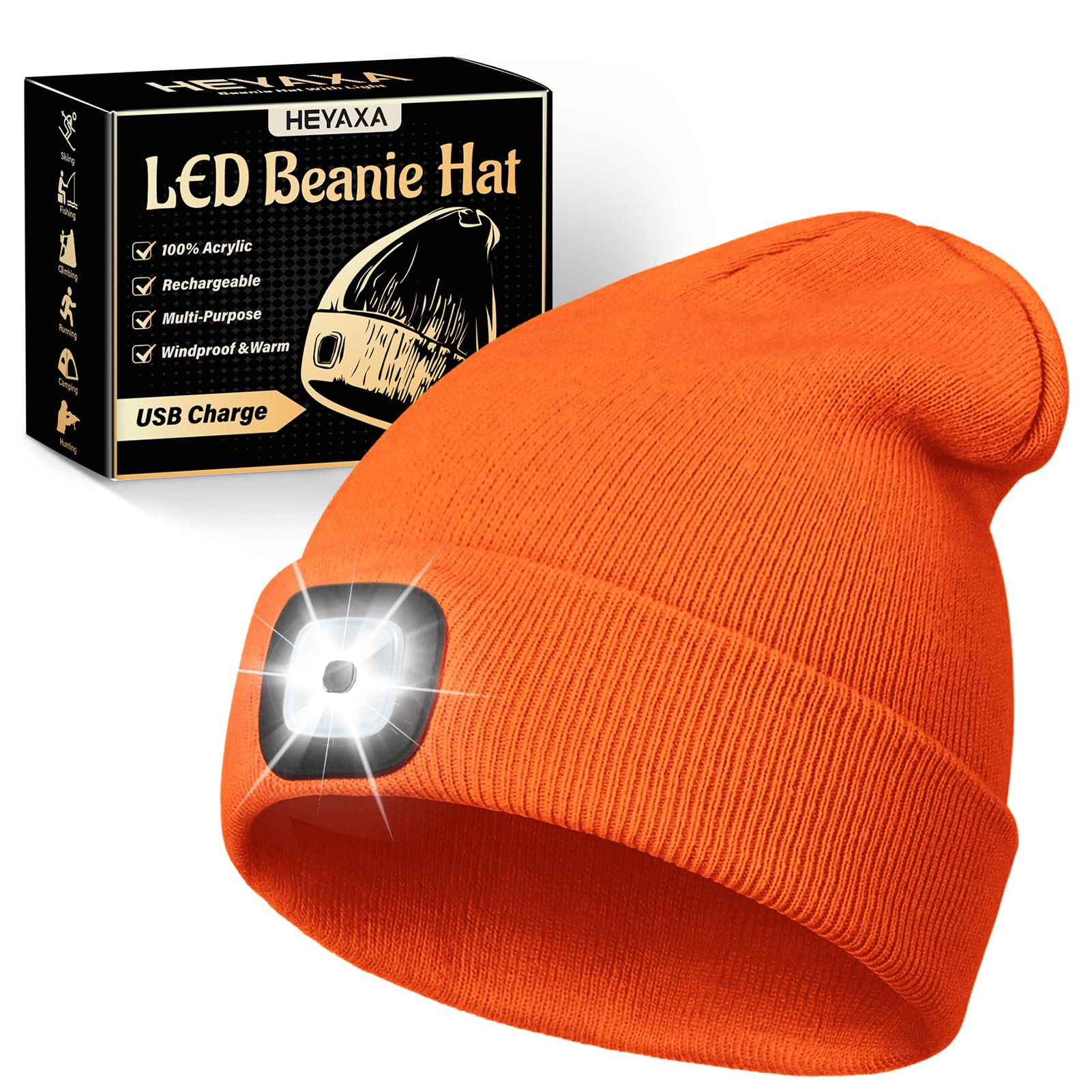 Unisex LED Beanie with Light, Rechargeable Headlamp Hat, Fathers Day Dad Gifts for Men, Warm Knitted Cap Birthday Gifts for Men Adults Teens Women Dad Him