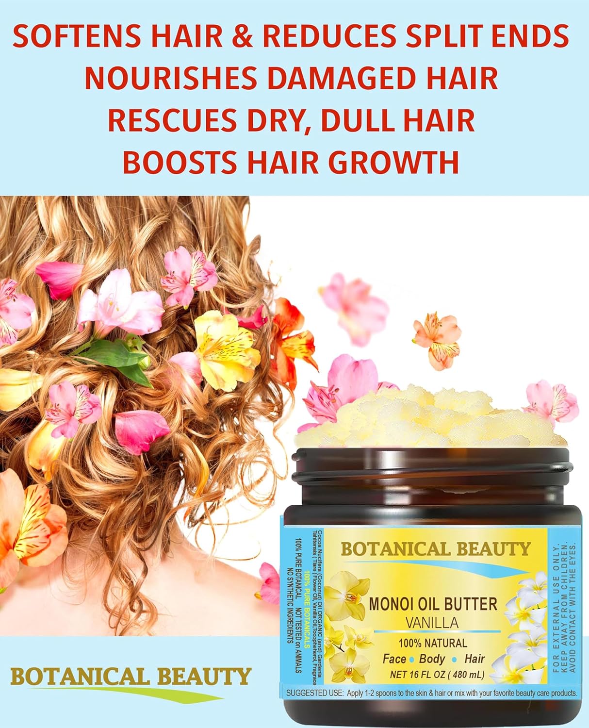 Botanical Beauty MONOI OIL BUTTER VANILLA Pure Natural Virgin Unrefined RAW for FACE, SKIN, BODY, HAIR, NAILS (16 Fl Oz)
