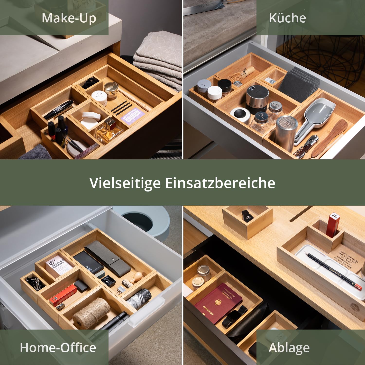 TAKE® 8-teiliges Schubladen Organizer aus 100% Natur Bambus - Boxen in vers. Größen für Küche, Bad & Büro, Schminktisch Organizer Bad, Drawer Organizer