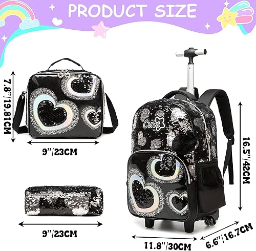 Miniatura 2 de Mochila con ruedas para niñas, mochila con ruedas, mochilas de viaje para niñas, mochila escolar con ruedas, Amor negro