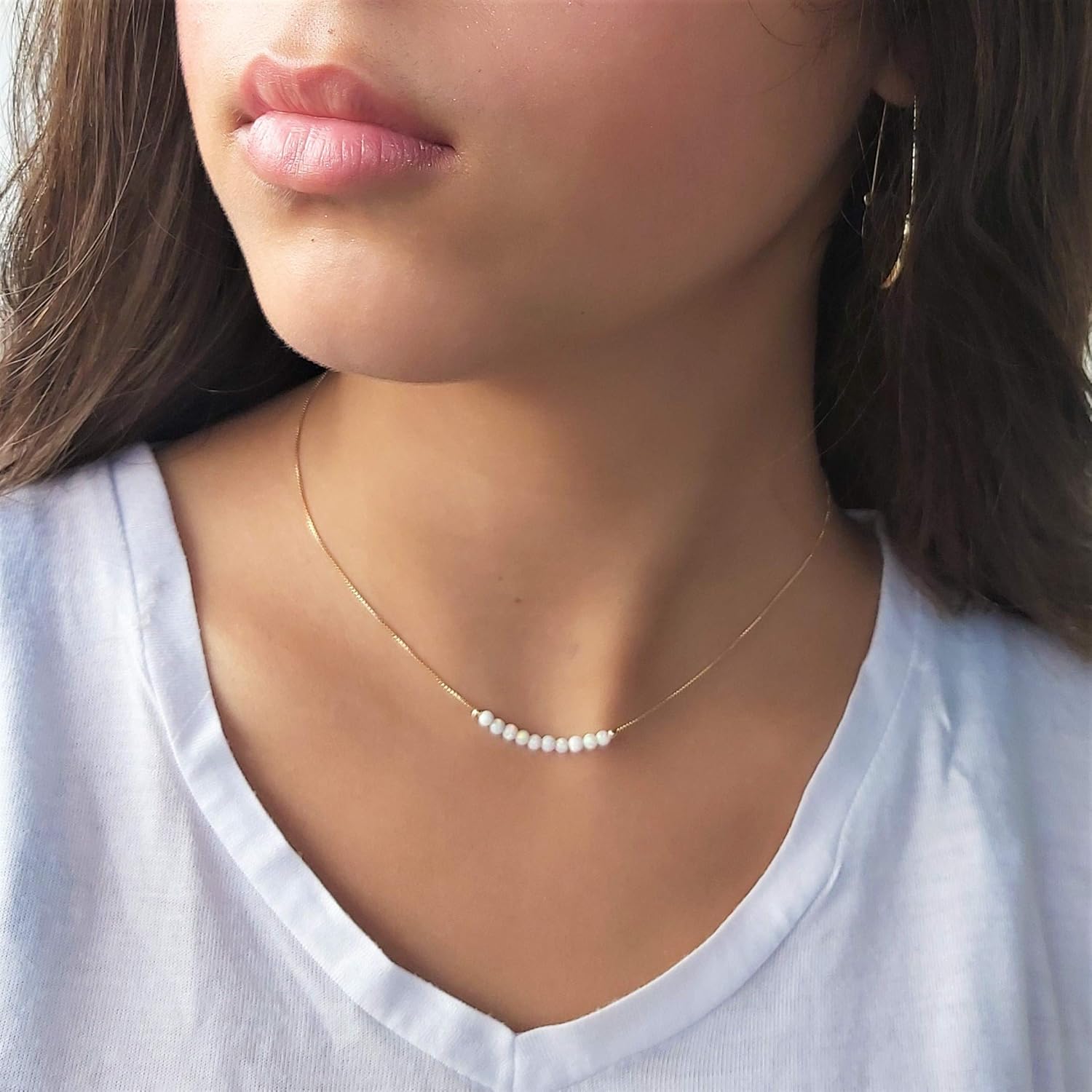 White Opal Beaded Necklace Tiny 3mm Opal Bead Minimalist Jewelry 14k gold filled box chain 16 inch+ extension Gift Women Girl Necklace