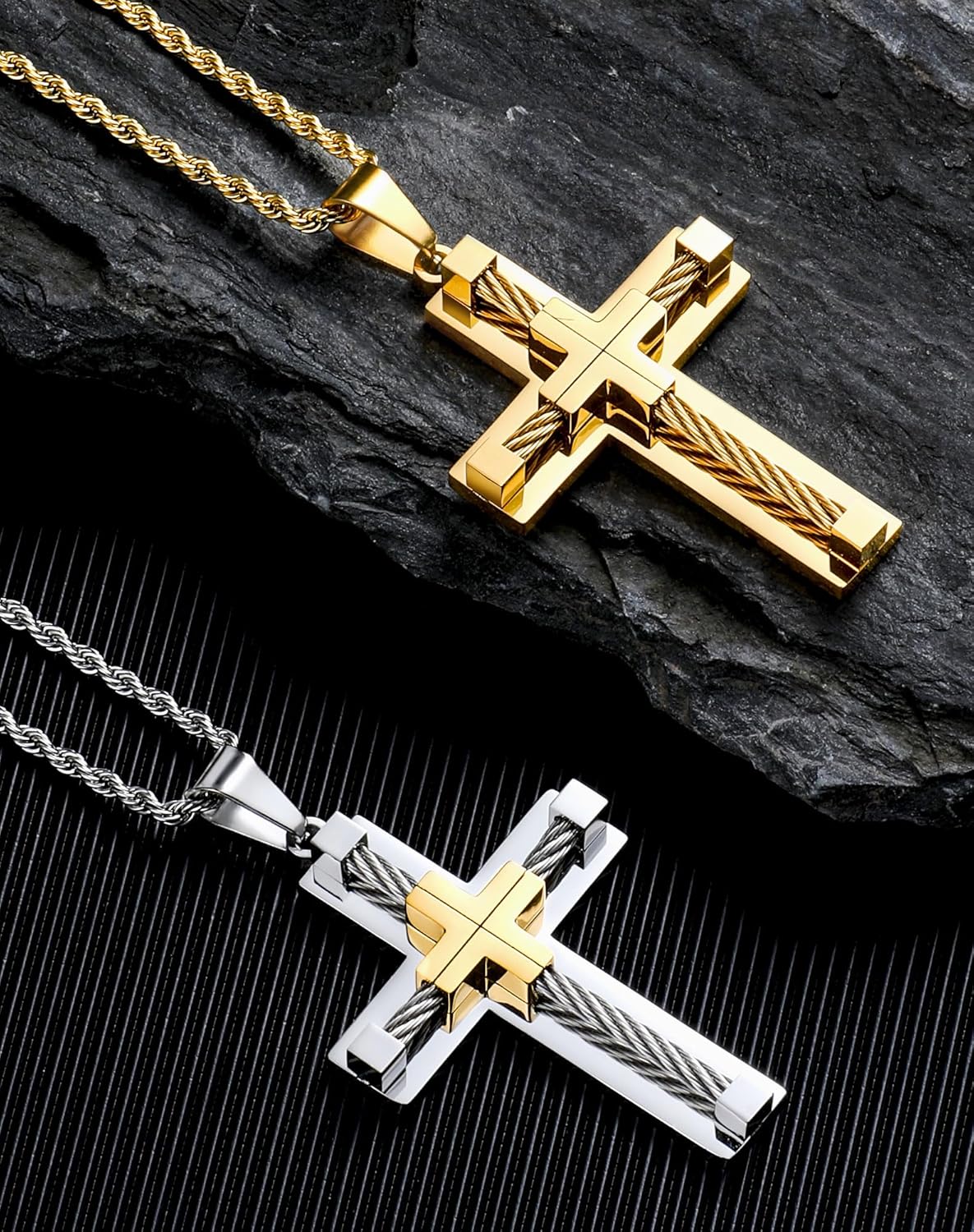 Stainless Steel Cross Necklace Men Women - 18K Gold Plated Crucifix Pendant - Rope Christian Religious Faith 3mm Rolo Chain Jewelry Present - Image 2