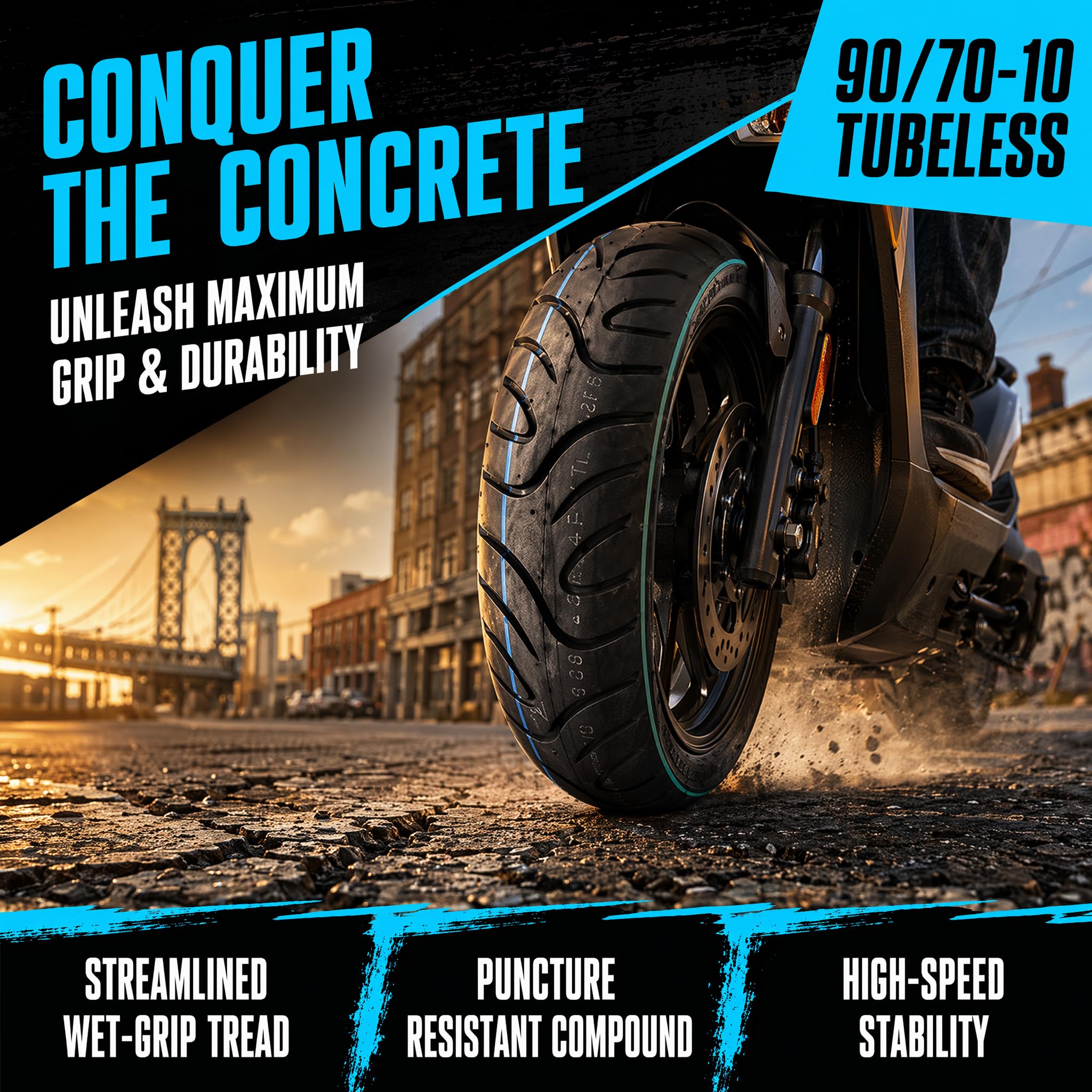 90/70-10 Neumático Sin Cámara para Scooter, 90 70 10 Neumáticos Neumáticos 4PR 225kPa 33J para Rueda Delantera o Trasera de Scooter Eléctrico
