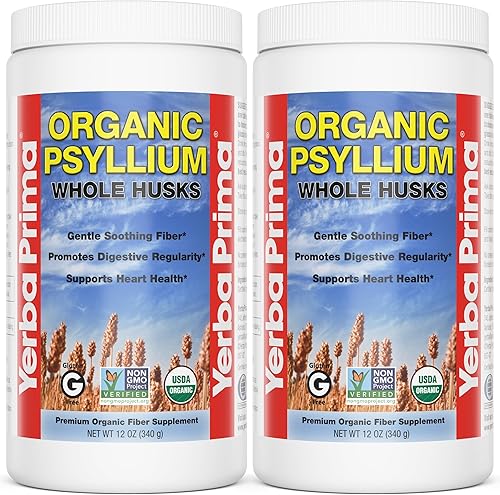 Yerba Prima Cáscaras enteras de psyllium orgánico, 12 onzas (paquete de 2), suplemento de fibra natural, salud intestinal, apoyo a la regularidad,