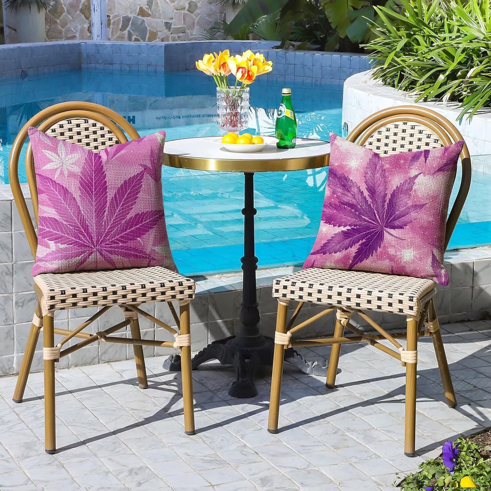 Funda Cojin 55x55 Pack de 4 Rosa Cojines de Exterior Impermeables de Lino, Cuadradas, Decorativas Hoja para Sofá, Muebles de Jardín, Sofá, Cama, Banco, Decoración Rústica, Regalos para Mujeres G9-860