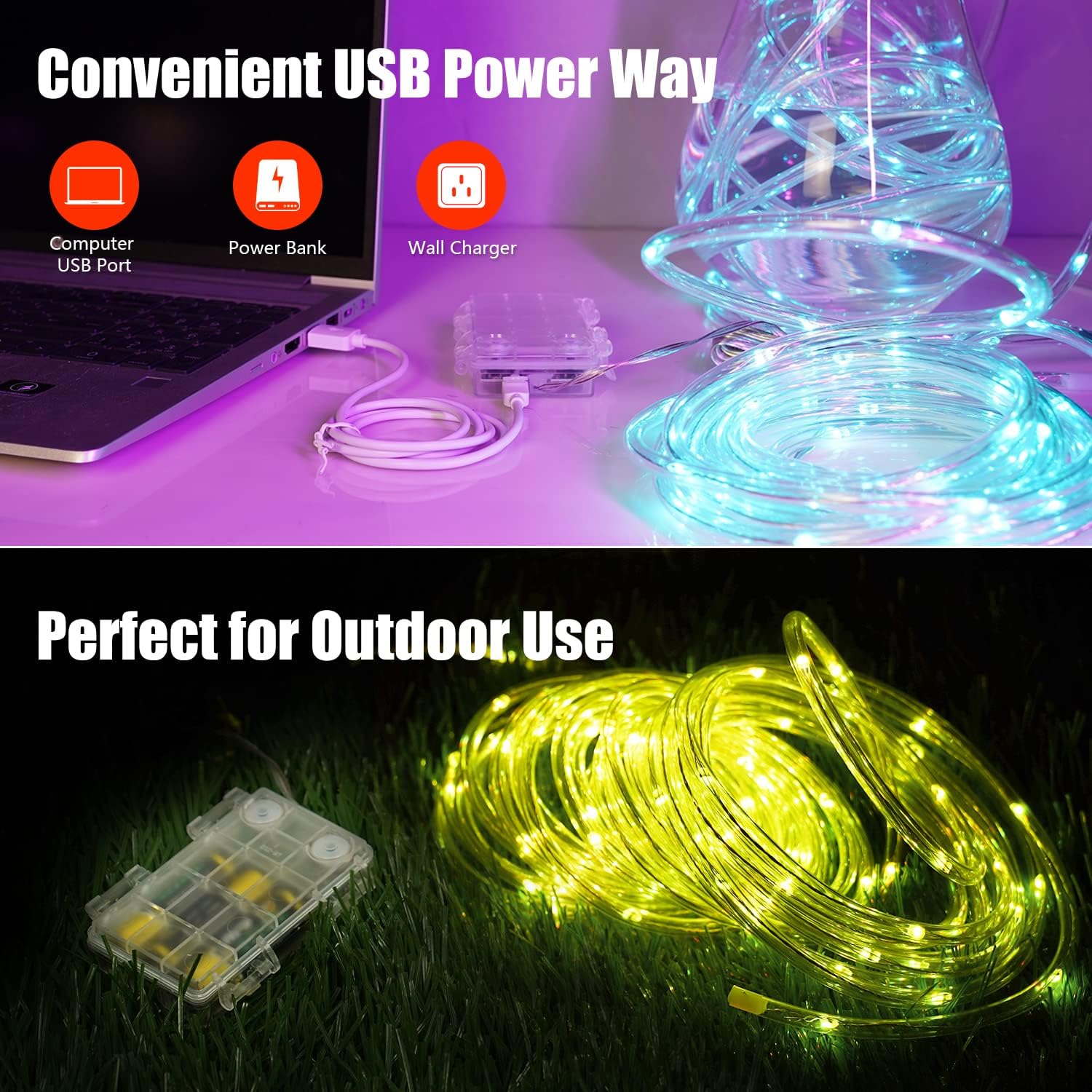 OMIKA Rope Lights Battery Operated Outdoor Lights, 33FT 100 LED 16 Color Changing Outdoor Rope Light USB Powered, Trampoline Lights Tube with 132 Modes Remote for Bedroom Balcony Garden Patio Decor