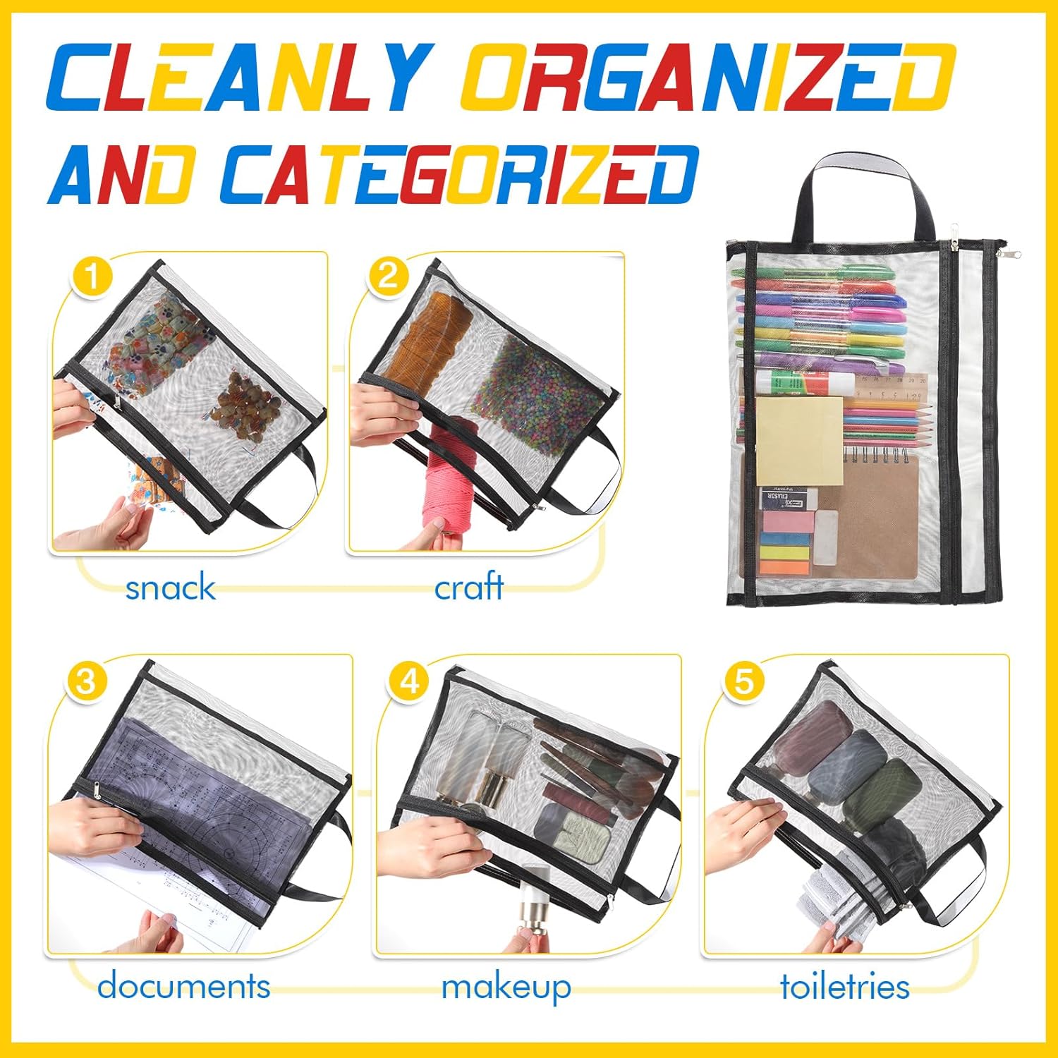 24 Pcs A4 Mesh Zipper Pouch Bags with Handles Black and Gray Double Layer Nylon Document Organizer Pouch for School Office Portable Games Toy Storage Bags for Building Blocks