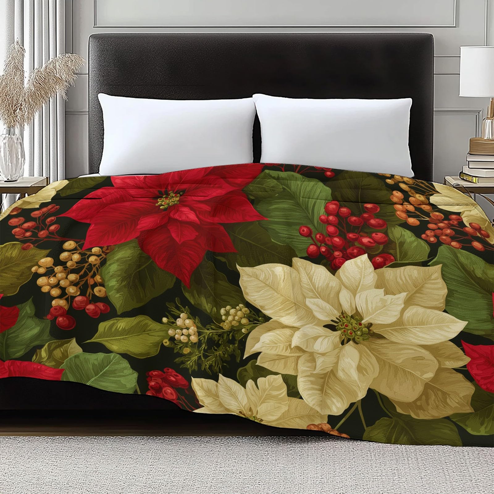 Estilo Retro Manta Estampada de Franela 180 x 220 cm, cálida y Suave Planta Flores Navideñas Manta Decorativa para Invierno Cama sofá y Sala de Estar