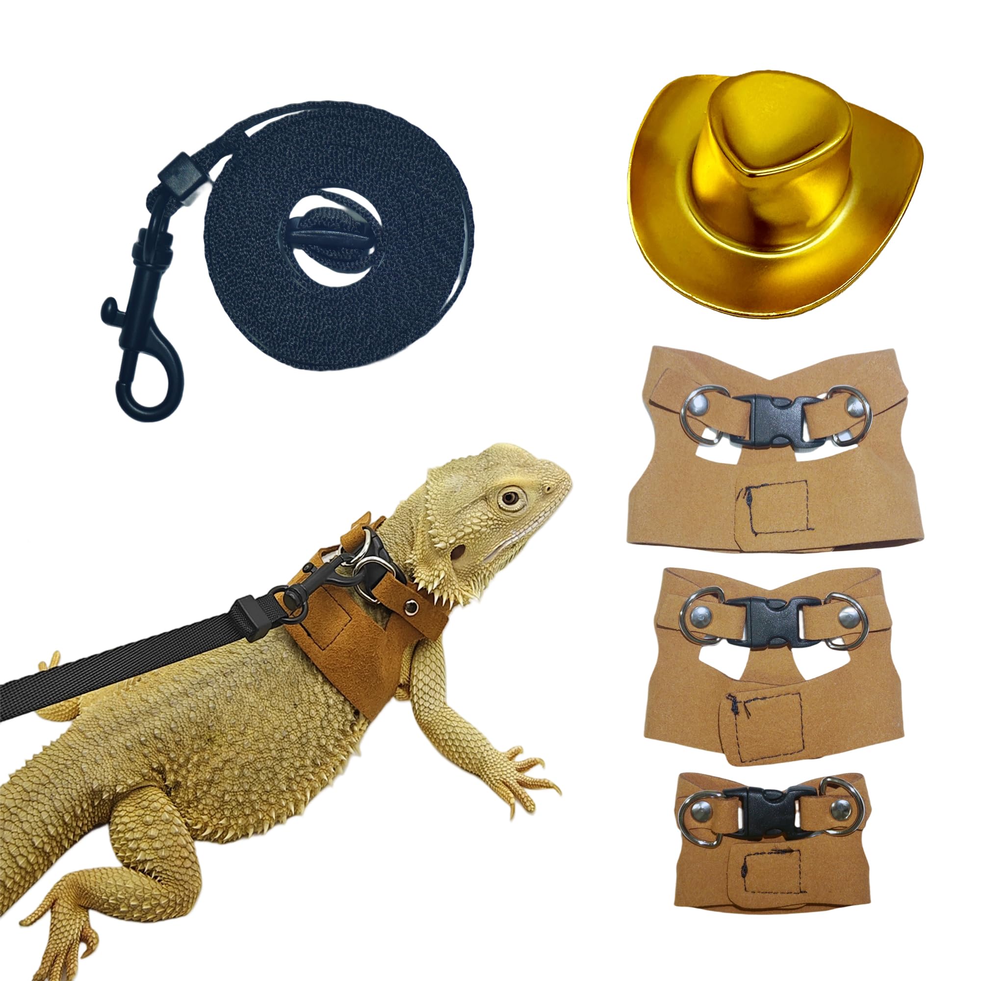 Reptile Pets Leash Harness Set with Jackets and a Party Theme Hat for Bearded Dragon Lizard, Leopard Gecko and Other Small Animal Pets, Outdoor Play, Gold