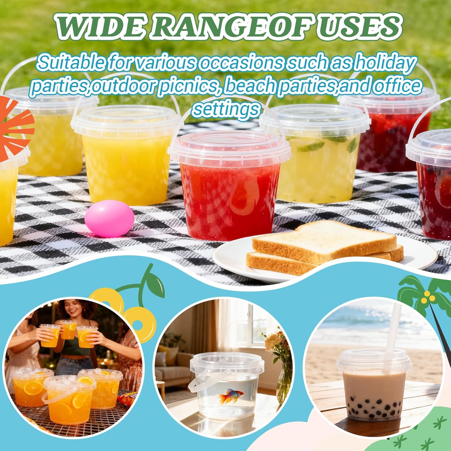 Clear Plastic Cups with Lid and Straw, Reusable Drink Bucket with Handle for Iced Coffee, Smoothie, Ice Cream - Sturdy Food Safe Party Cups for Pool, Beach, Birthday Parties (10, 16 oz) - Image 4