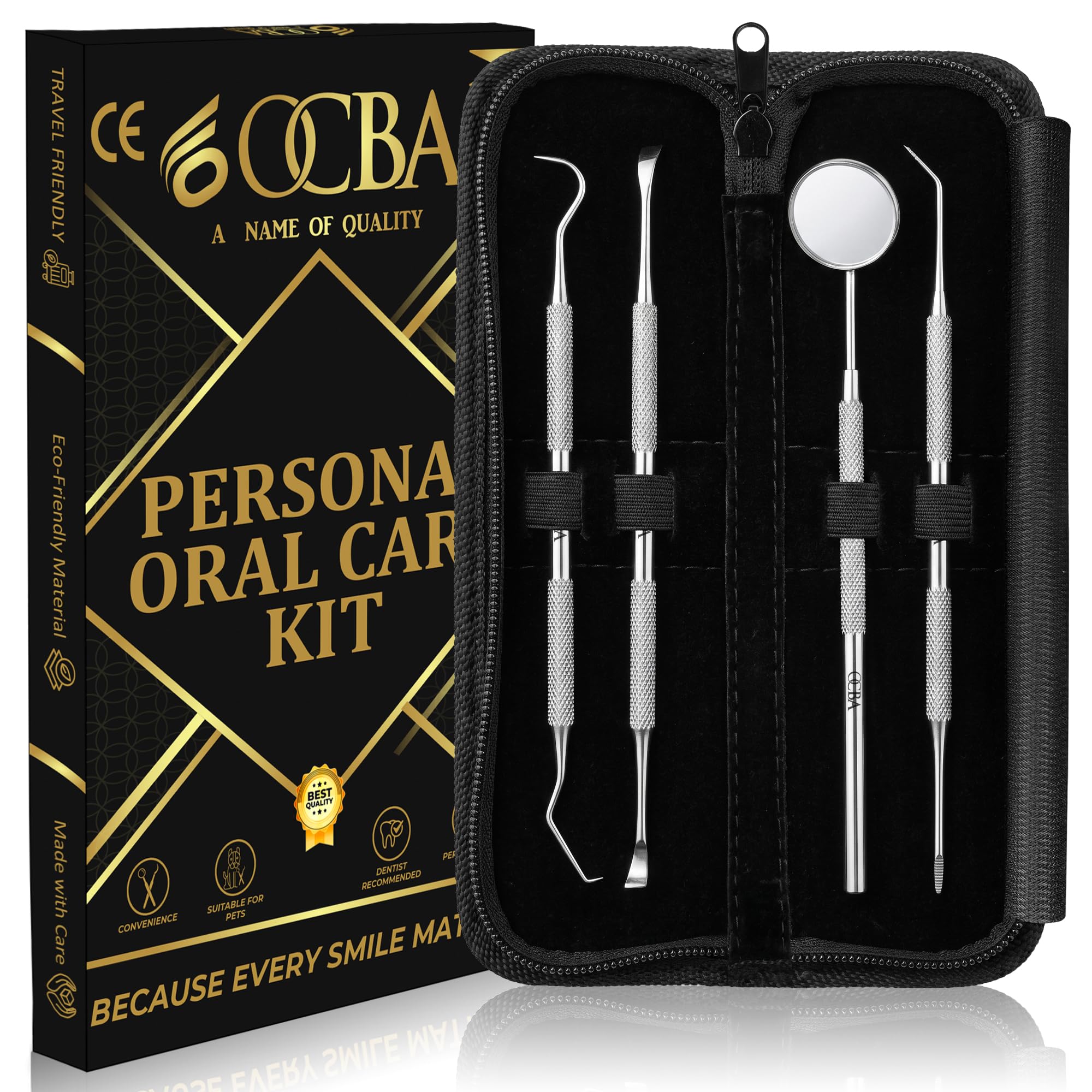 OCBA Zahnarzt Instrumente Zahnpflege Set 4Pcs Dental Kit Edelstahl Zähne Kit Professionelle Zahnsonde Zahnhygiene Tools Mundspiegel Zahnstein Schaber