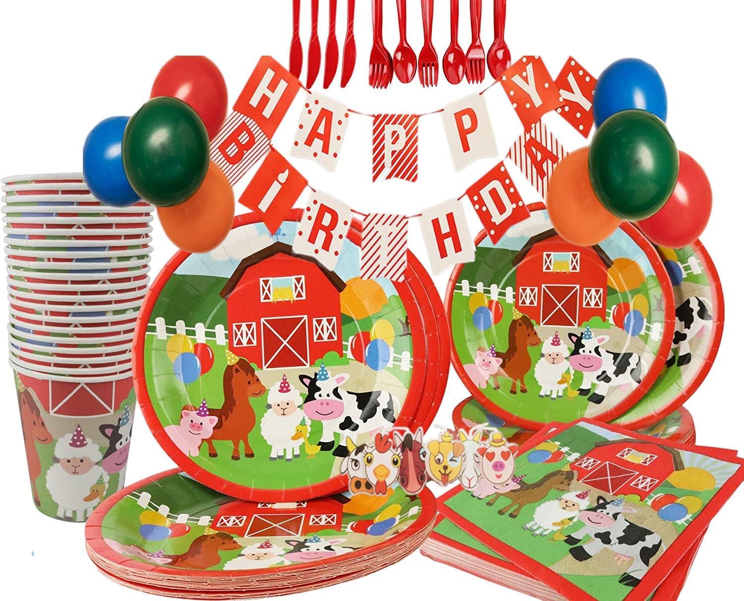 Farm Birthday Party Supplies (New Version) - Barnyard Animals Party Decorations for 16 with Plates, Napkins, Cups, Tablecloth, Balloons, Banner, and Pick Candles