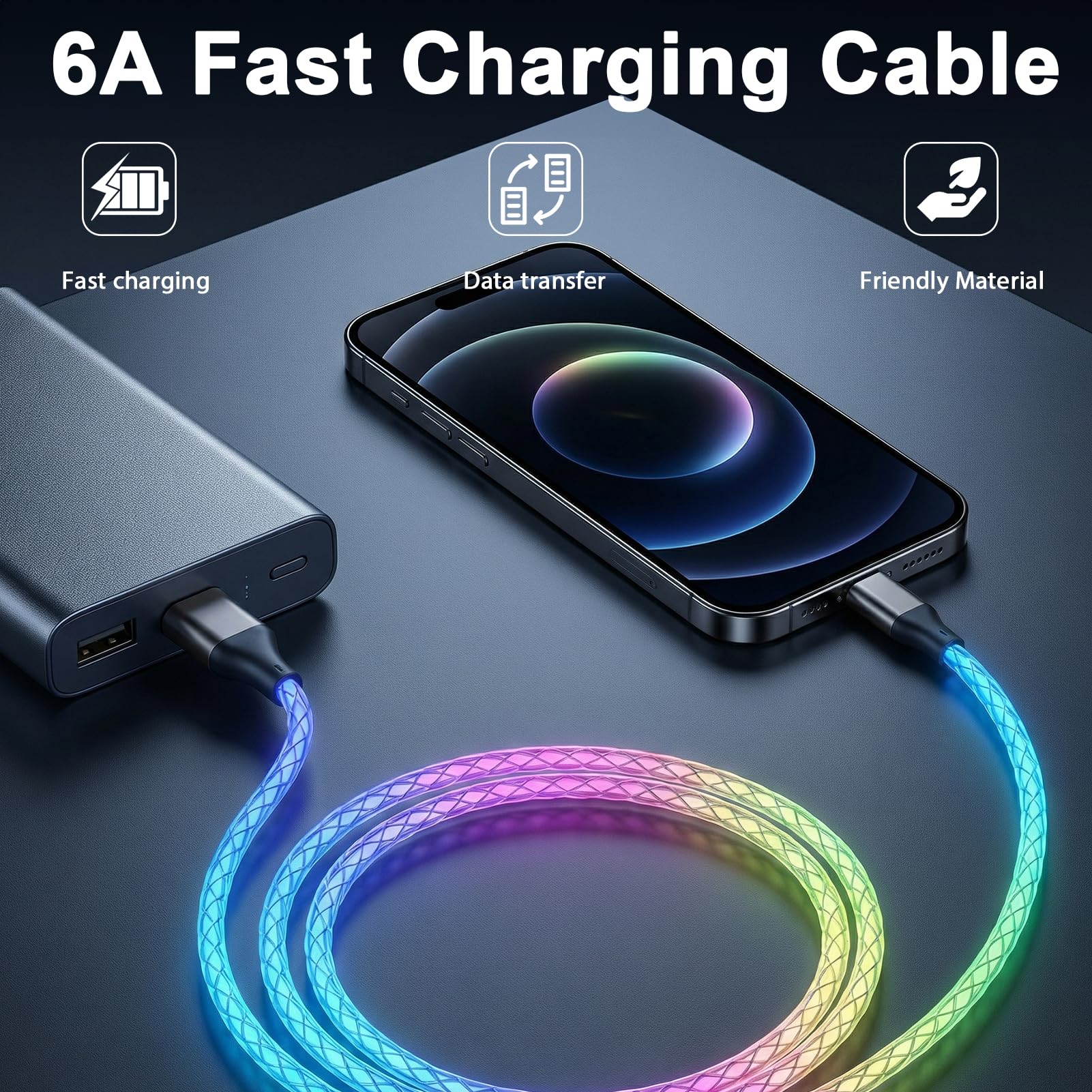 Cable USB C iluminado, cables de carga rápida LED tipo C