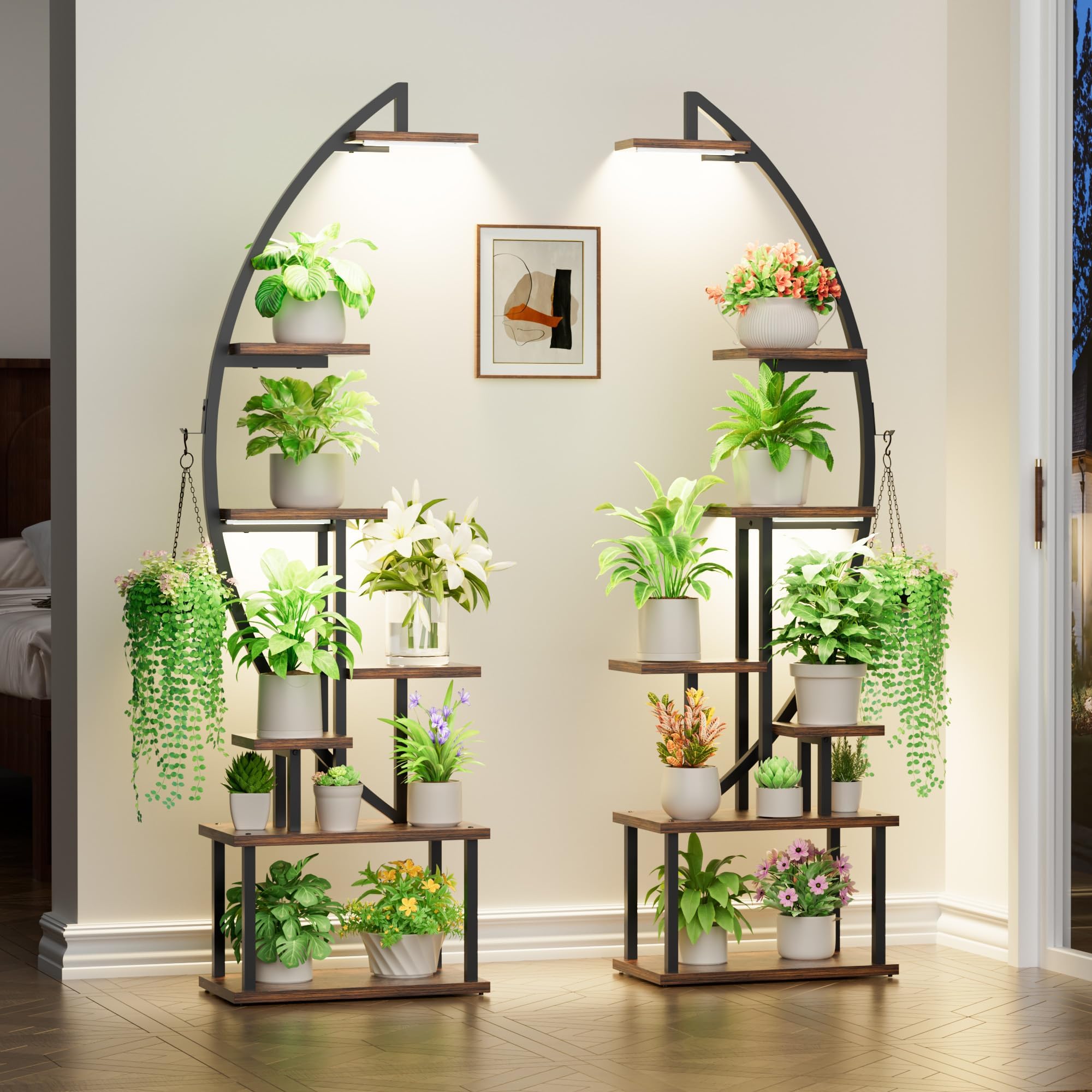 BACEKOLL Tall Plant Stand Indoor with Grow Light, 7 Tiered Metal for Plants Multiple, 165CM Large Holder Display Shelf, Half-Moon Shape Rack Living Room, Patio, Balcony