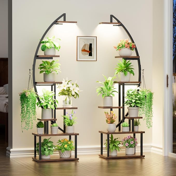 Plant Stand Indoor with Grow Lights: Large Plant Shelf for Multiple Plants, 2 Pack Plant Shelves 7 Tiered, Lighted Corner Flower Stands Half Moon, Black Plant Holders Indoor Tall for Living Room Patio