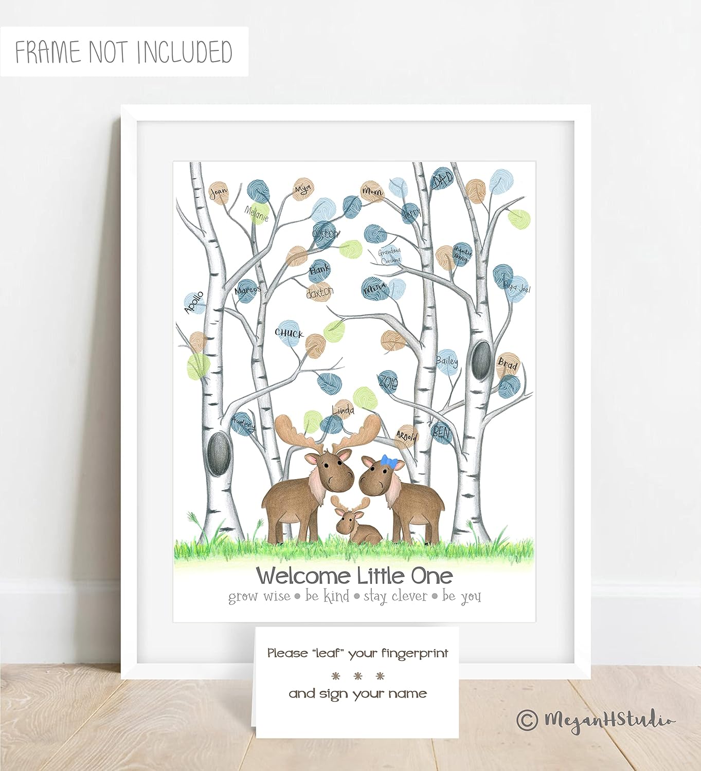 Customized Moose Themed Baby Shower Fingerprint Tree, Moose Nursery Decor, Woodland Baby Shower Thumbprint Poster with Personalized Text and Fingerprint Ink Pads