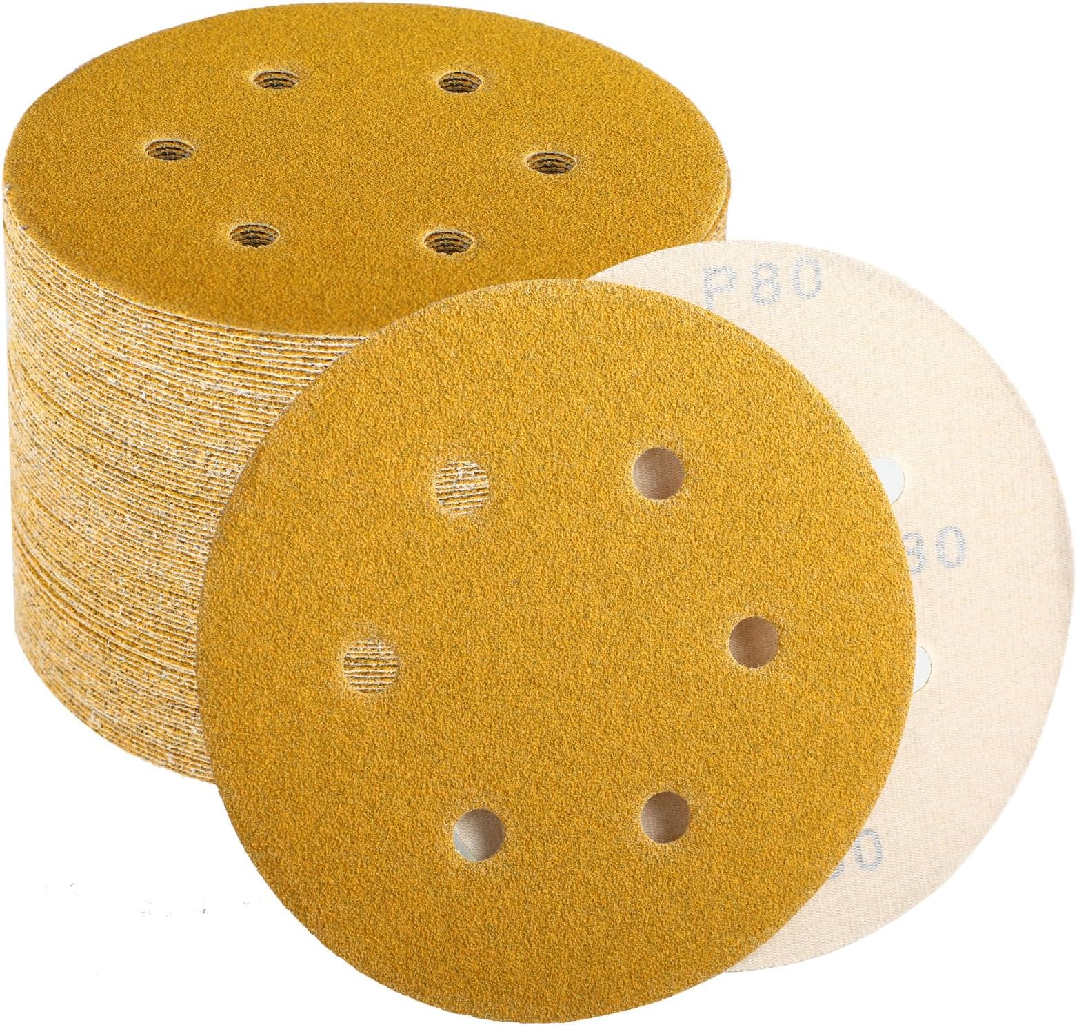 6 Inch Sanding Discs Hook and Loop, 80 120 220 320 400 Grit Sandpaper Disc for Orbital Sander, Professional for Automotive and Woodworking, 100 Pack(20 Pack for Each Grit)