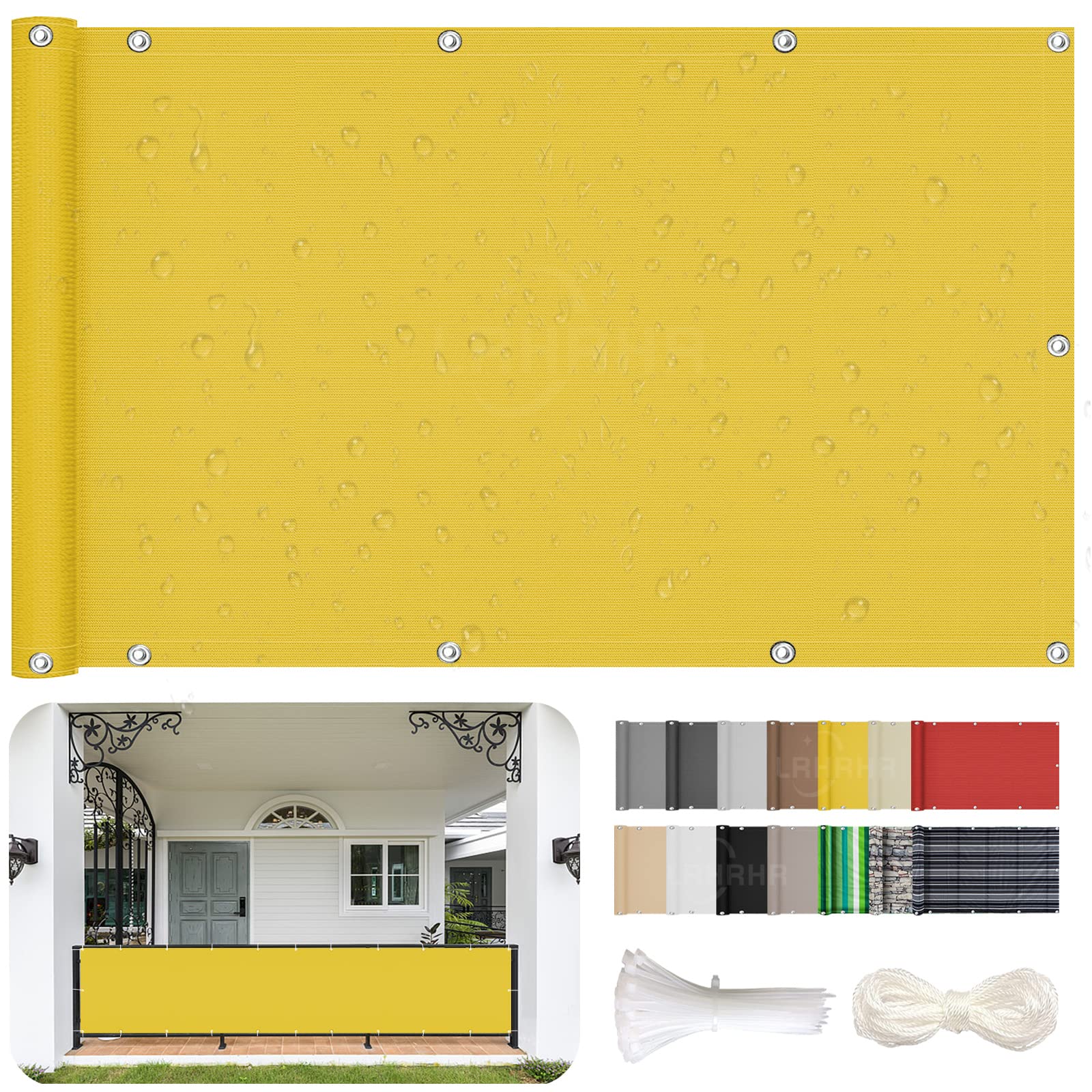 Osłona balkonowa, ochrona przed wzrokiem, na patio, wodoodporna blokada UV, osłona balkonowa z opaskami kablowymi i liną, żółta, 100 x 750 cm