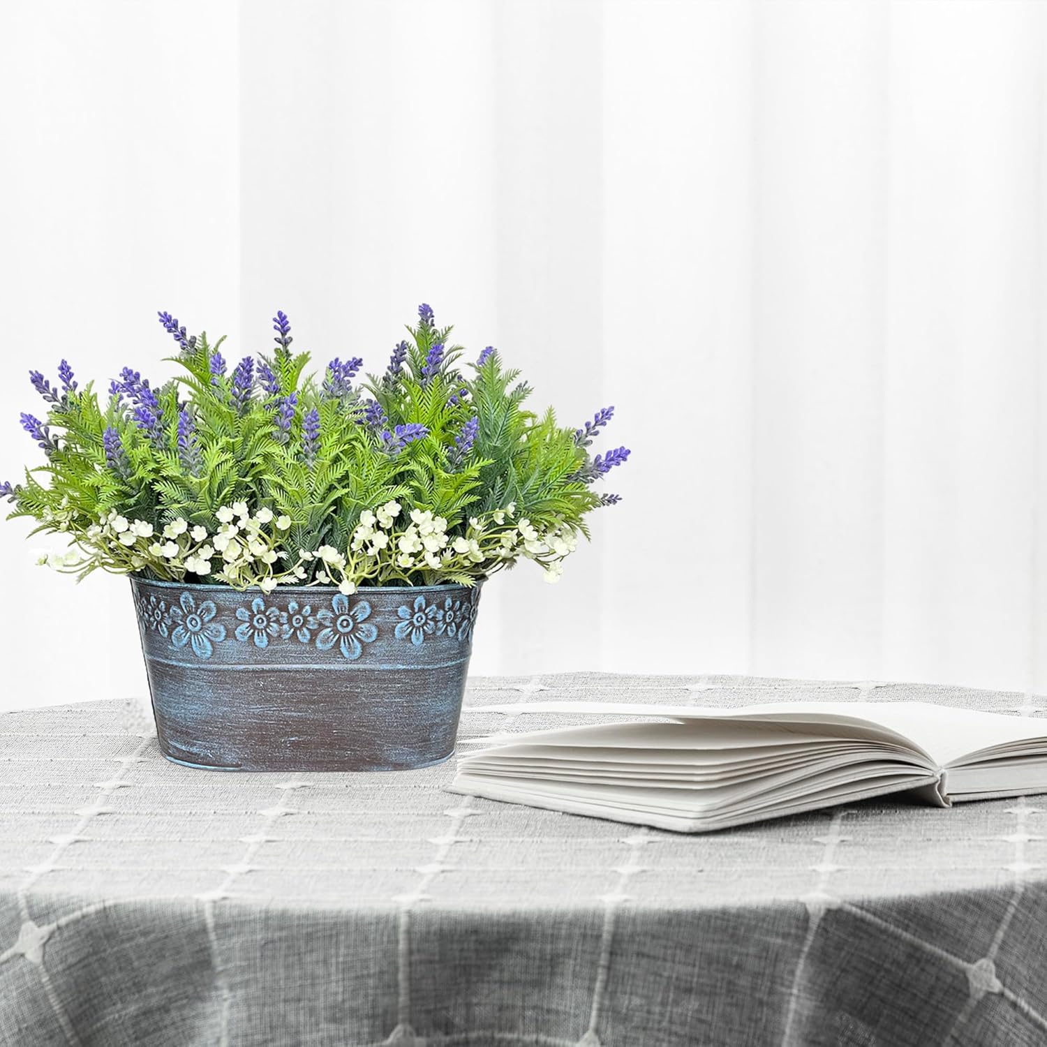 Artificial Flowers Lavender Arrangement in Rustic Rectangular Metal Planter, Pre-Potted Fake Lavender Table Centerpiece for Gifts Farmhouse Wedding Kitchen Windowsill Table Shelf Indoor Greenery Décor - Image 6