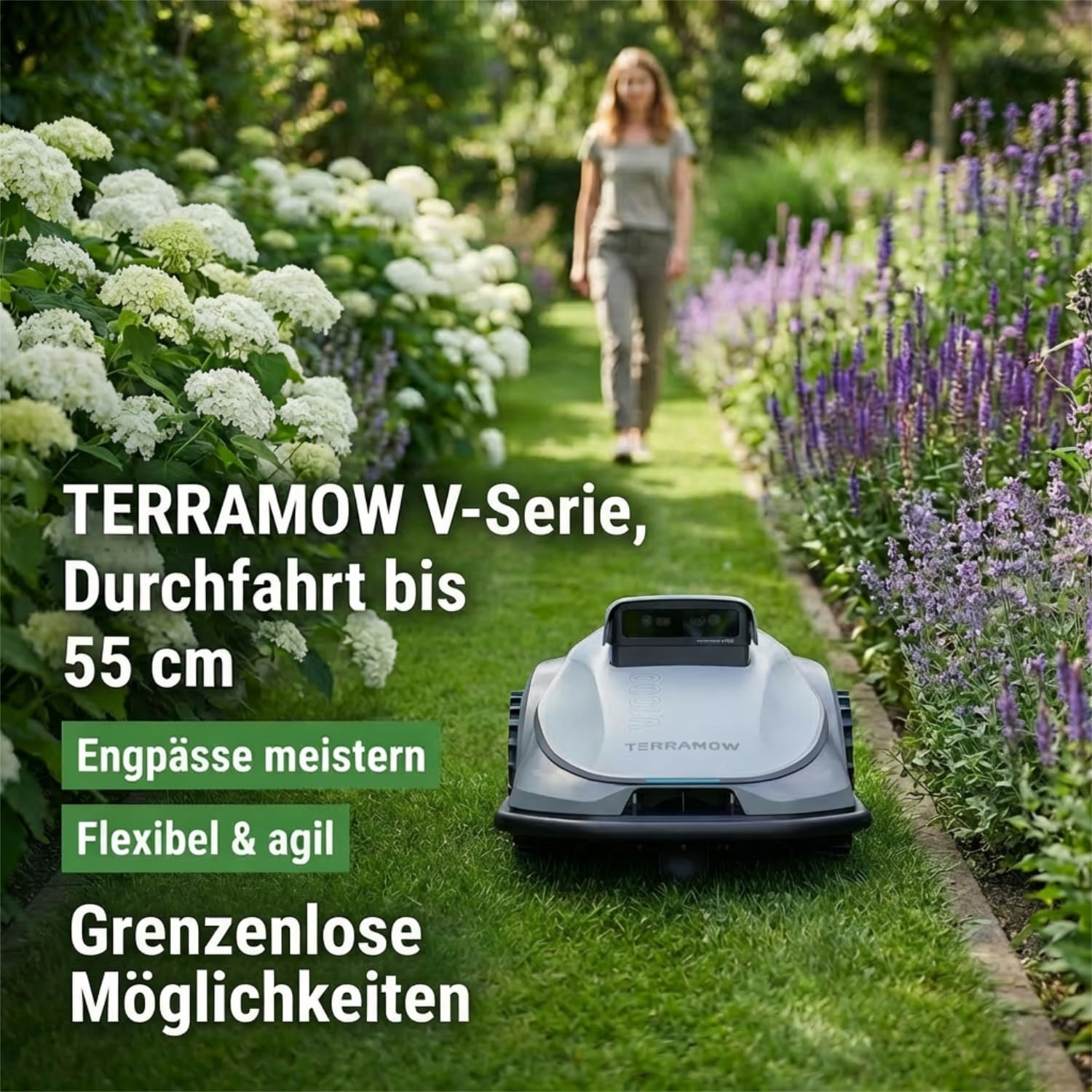 Terramow V1000 Mähroboter ohne Begrenzungskabel, ohne RTK, mit KI-Bilderkennung und Hinderniserkennung für Garten bis 1200m²