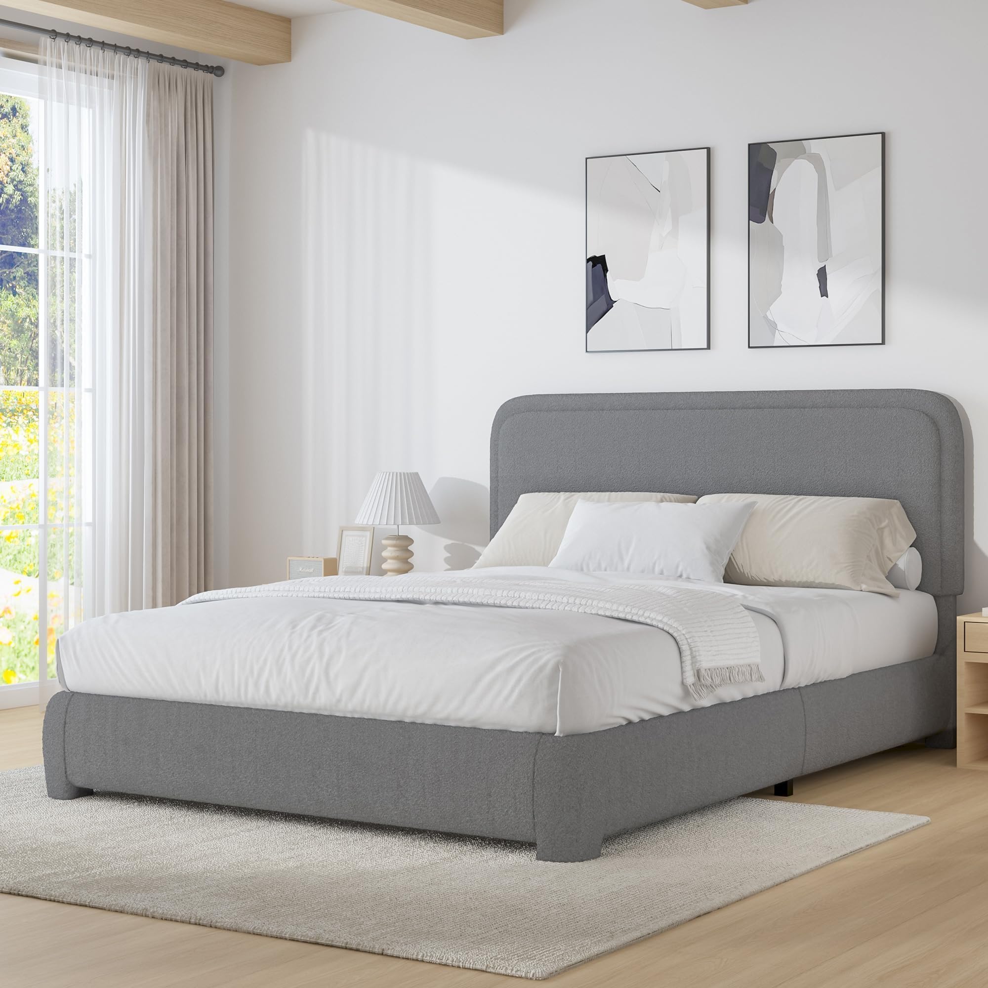 BarnFurin Queen Size Boucle Bed Frame with Headboard, Upholstered Platform Bed with Wood Slats, Soft Rounded Corners, No Box Spring Required, Easy