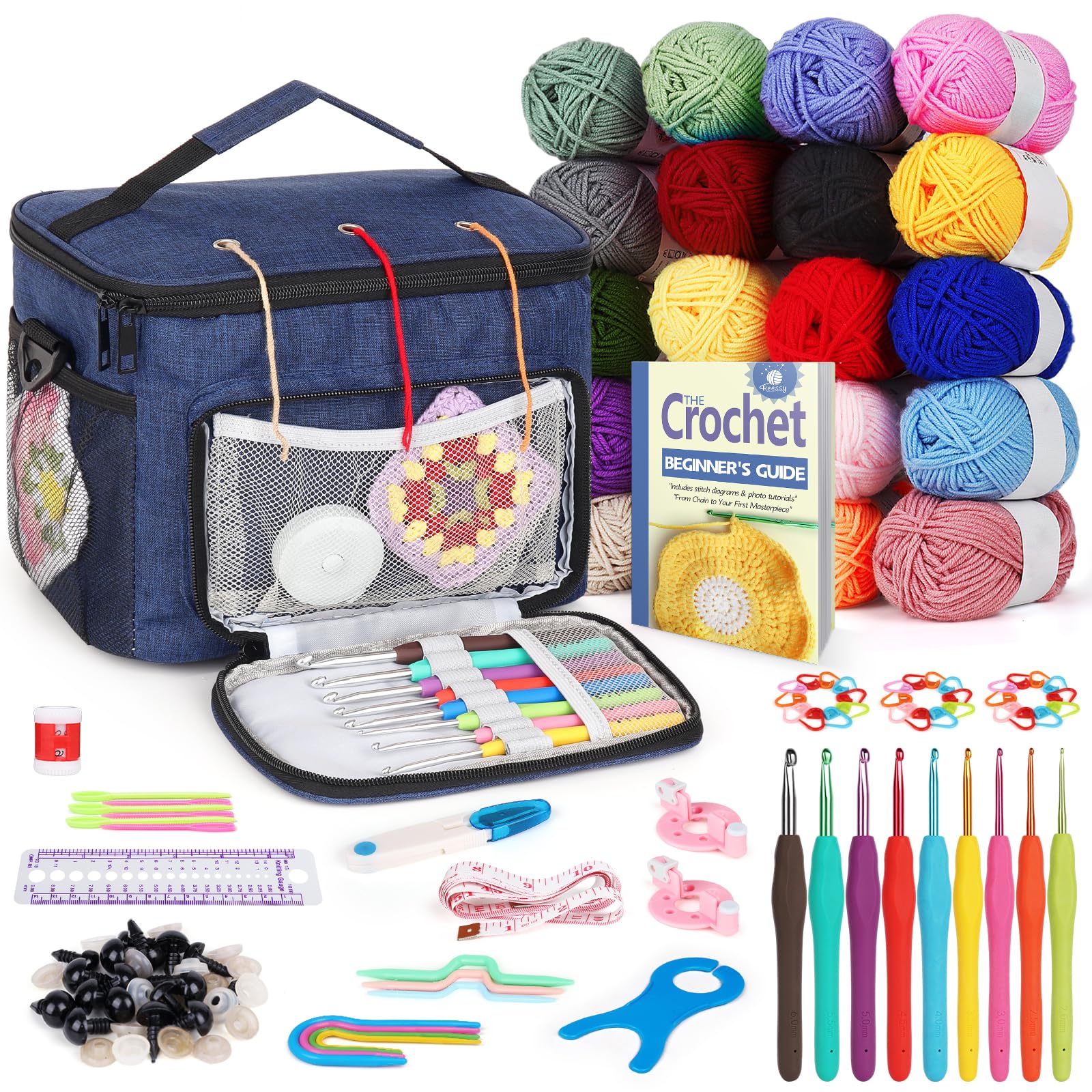Reessy Crochet Kit, 98Pcs Crochet Kits for Beginners Adults Includes 20 × 25g Yarn Crochet Hooks Instructions and Crochet Accessories, Beginners Crochet Kit with Crochet Bag Crochet Supplies Gift