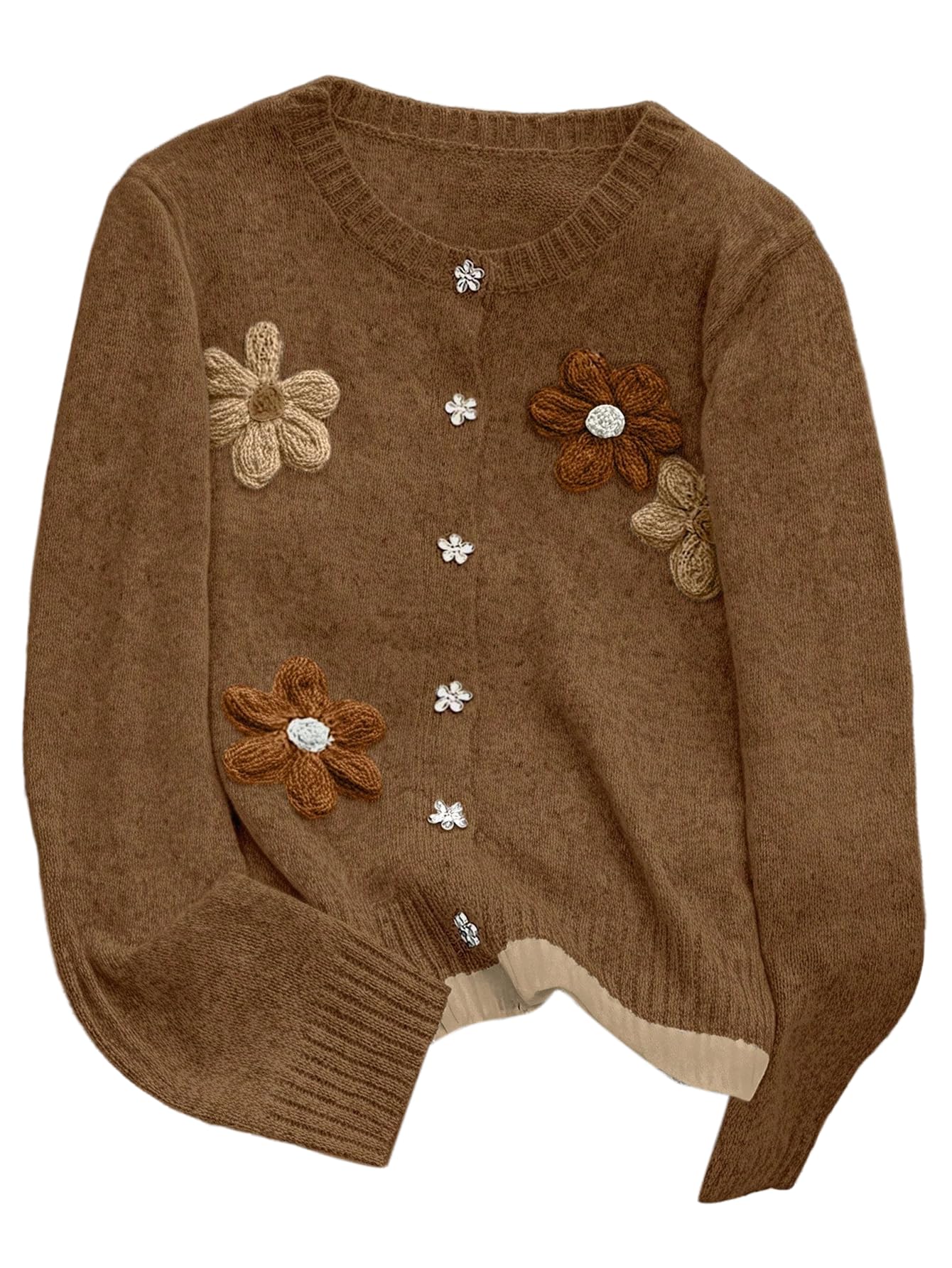 Verdusa Womens Floral Button Down Cardigan Sweater Crew Neck Long Sleeve Lightweight Knitted Outerwear