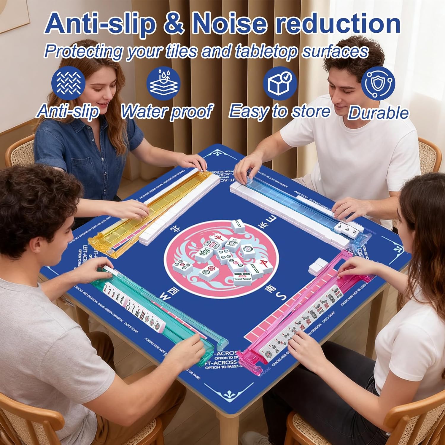 Mahjong Mat for Table with Rules,Non-Slip Noise Reduction Gaming Mat 31.4x31.4 Inch,Neoprene Mahjong Table Mat for Mahjong, Poker, Card, Board Games(Blue)