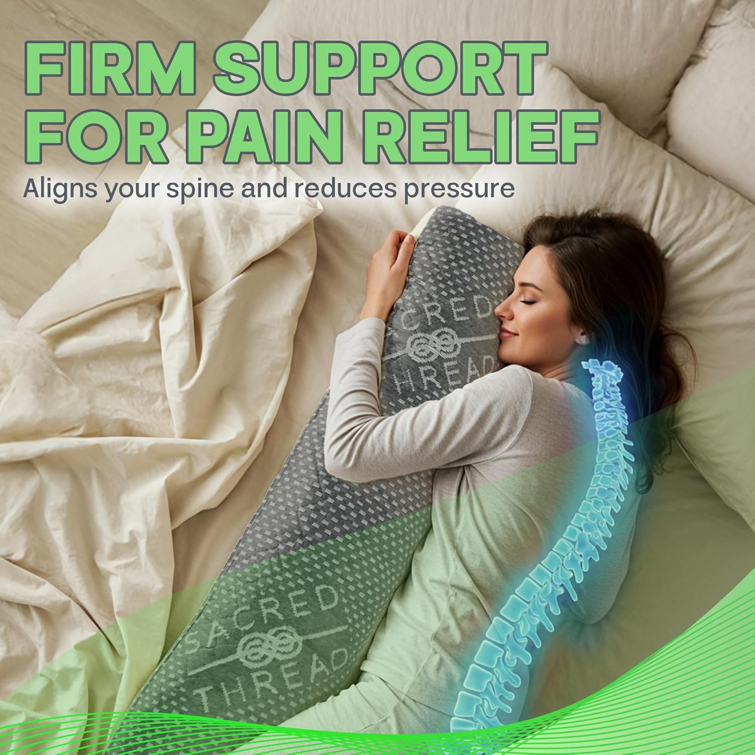 Sacred Thread 54”x8” Cylinder Body Pillow, Grey Cooling Hug Pillow for Adults, Memory Foam Cuddle Pillow, Soft and Supportive Long Body Pillow for Side Sleepers and Pressure Relief (Grey)