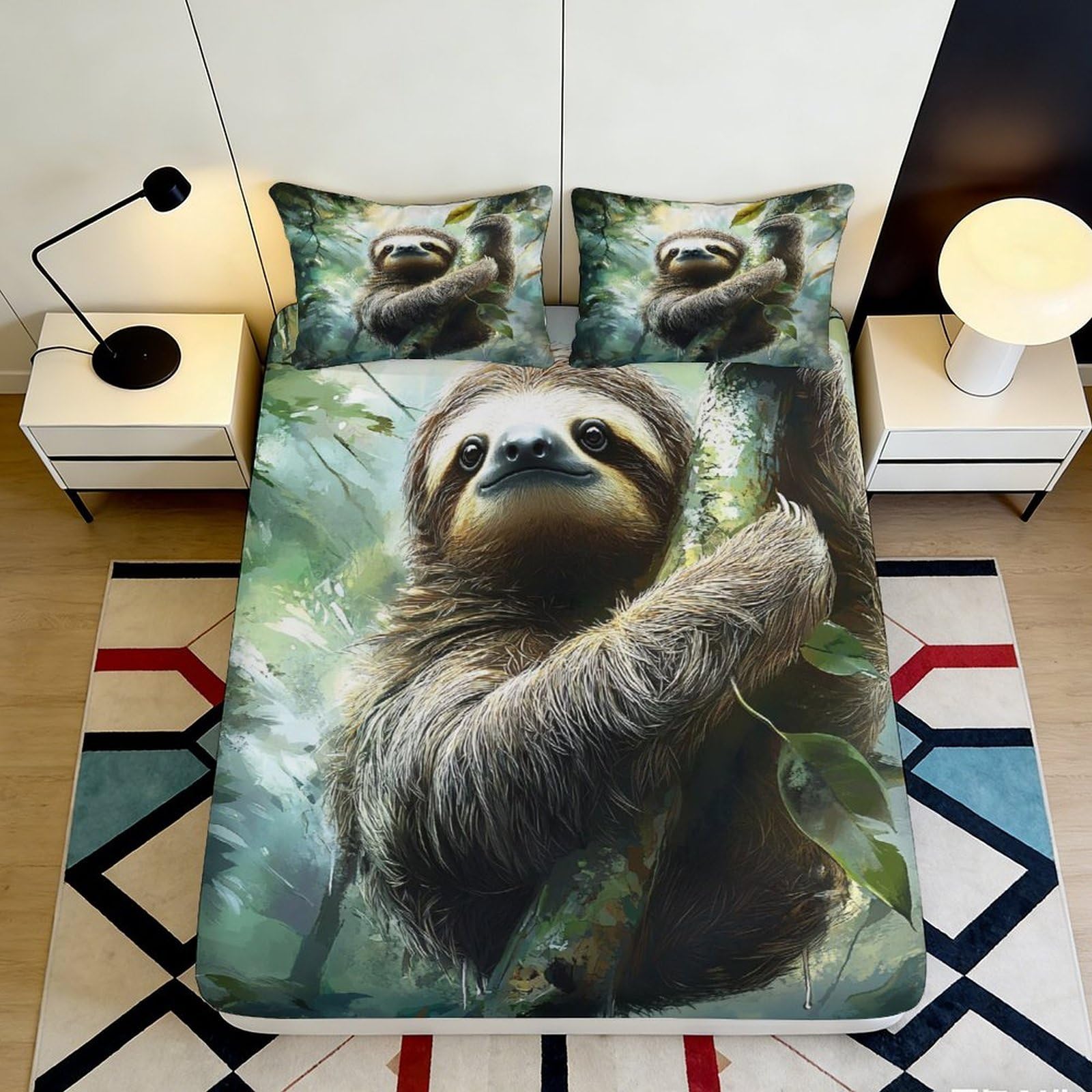 3D Printed Sloth Forest Fitted Sheet Microfiber Soft Non-Slip Bed Cover for Bedroom Guest Room Mattress Protector 140x200x25cm