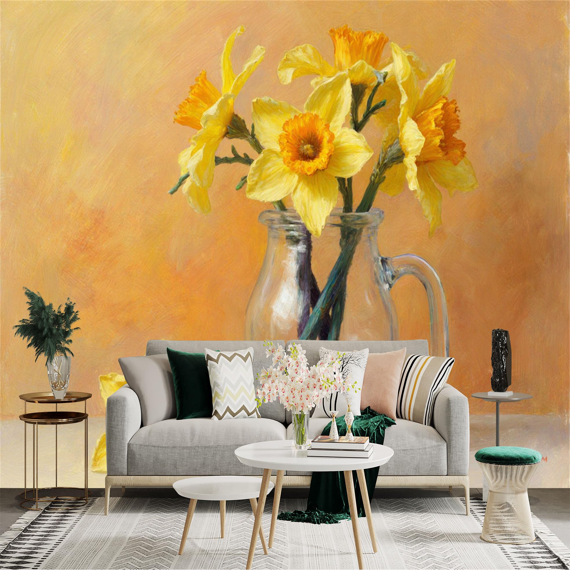 Custom Size Wall Sticker Mural， Yellow Daffodils in Glass Pitcher， Still Life Oil Painting Art， Spring Floral Theme， for wall Decoration， peelandstick wall Decals.