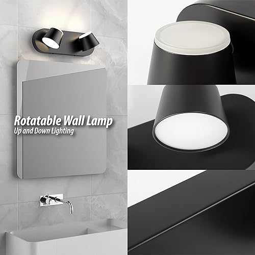 Miniatura 3 de URSOLA Lámpara de tocador de baño de 2 luces, lámparas LED negras para baño, regulables giratorias arriba y abajo, accesorios de iluminación de baño
