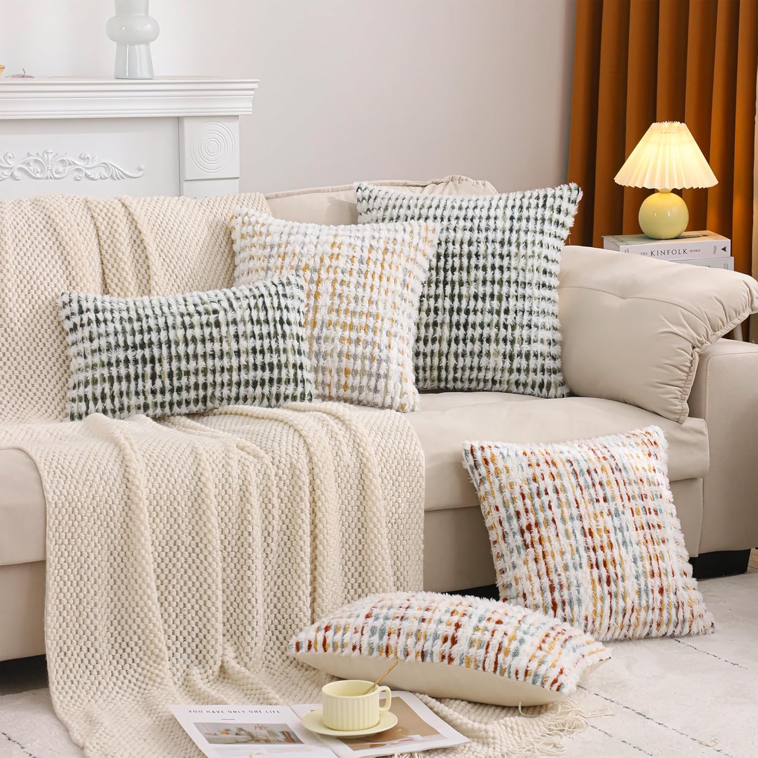 LUOYEHK Boho Throw Pillow Covers 20x20 Inch Set of 2 Chenille Tufted Pillowcase Farmhouse Neutral Cushion Covers for Couch Sofa Bed Living Room, Orange White - Image 7